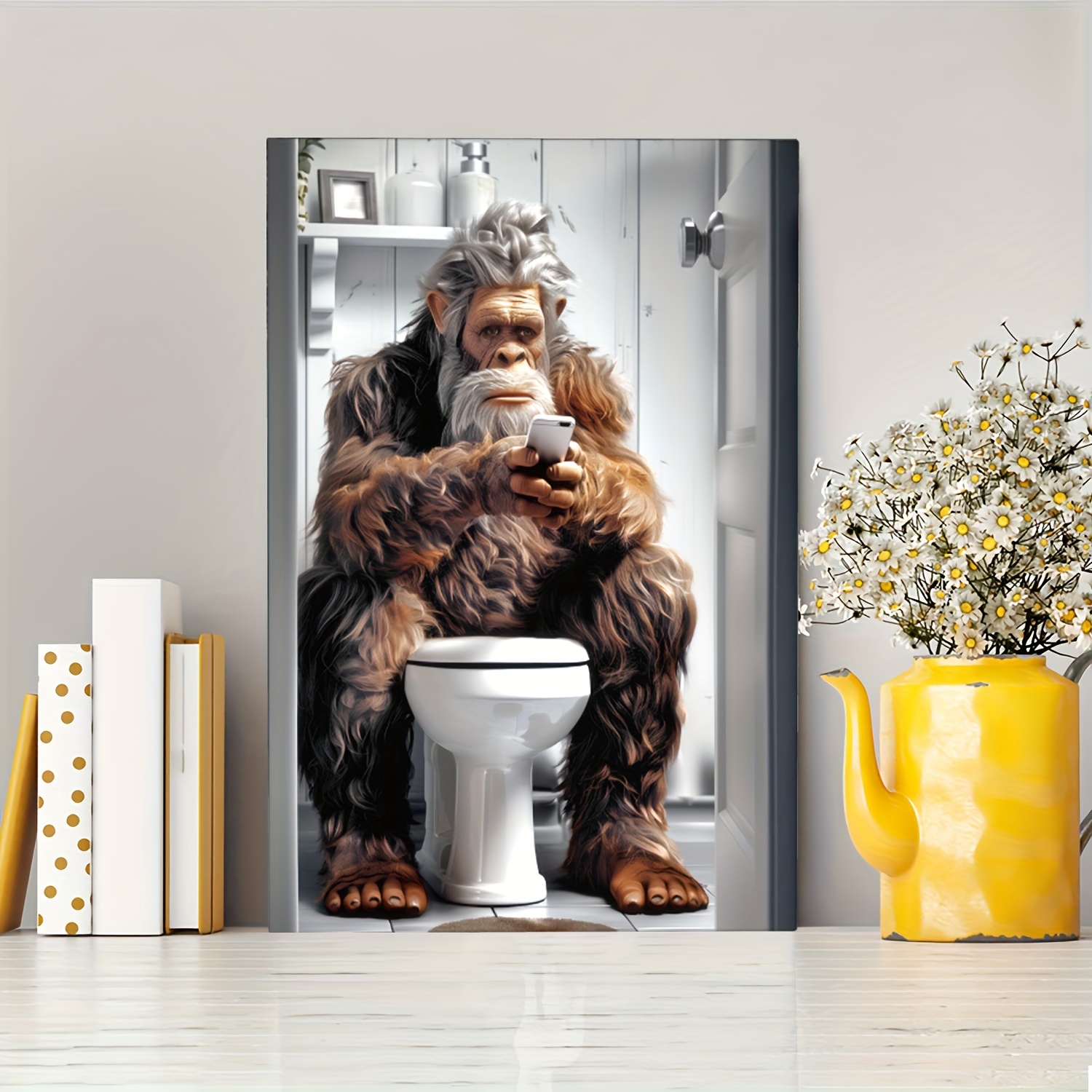 

Funny Sasquatch On Toilet Canvas Art Print - Perfect For Home & Office Decor, Bedroom, Living Room, Kitchen, Bathroom Room Decoration With Framed, Ready To Hang - Thickness 1.5 Inches
