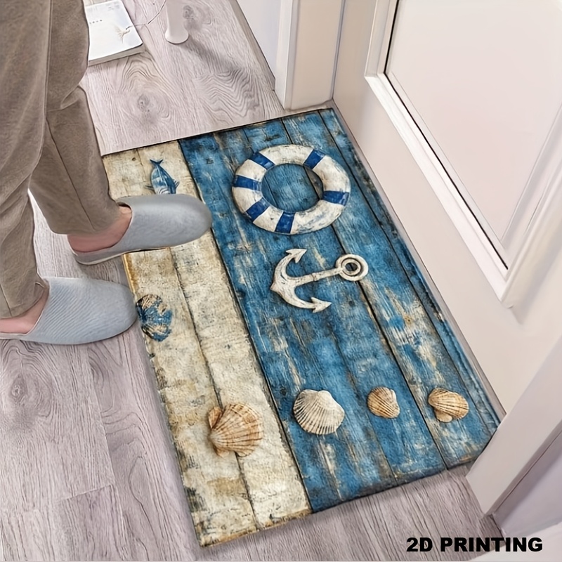 Image of 1pc Nautical Blue And White Wood Shell Door Mat, Machine Washable, Non-slip And Wear-resistant, Suitable For Doorway, Kitchen, Bathroom, Shower, Fluffy Decorative Rug
