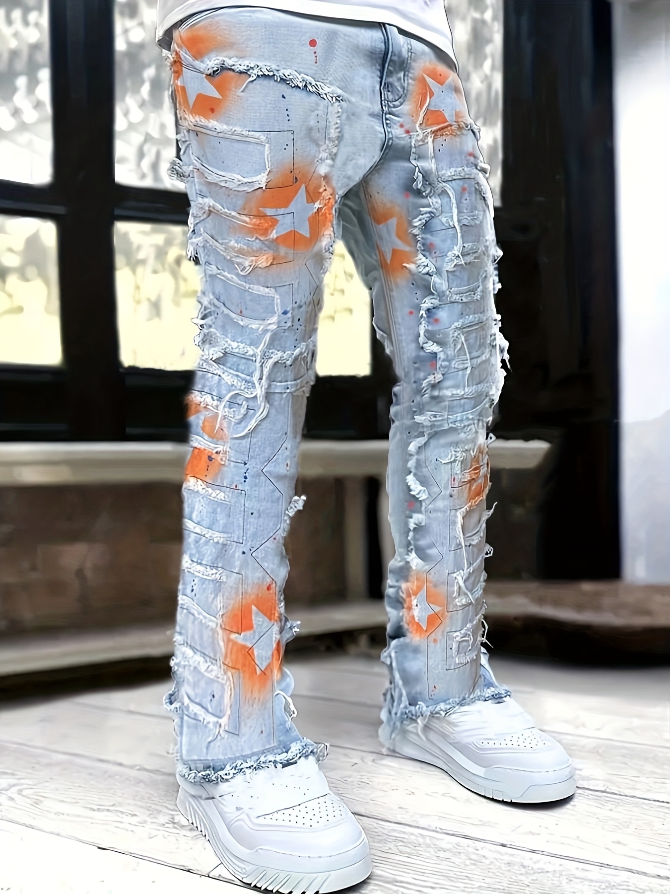 *'S Streetwear Fringe Painted Denim Jeans Fit Straight-Leg with  Distressed Ripped Details, White Sneakers Urban Str