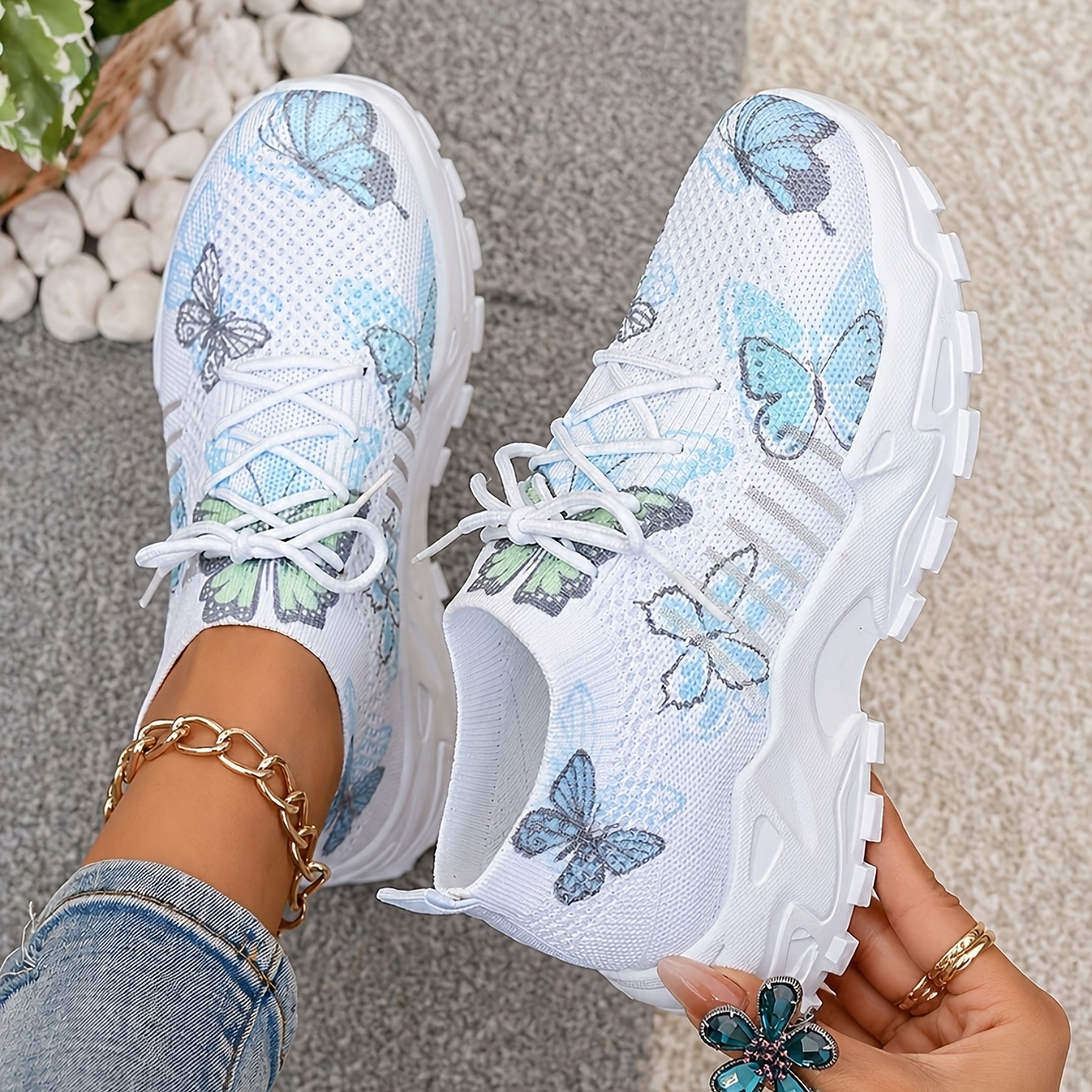TEMU Baskets Femme Printemps Été Automne, Chaussures Décontractées à Imprimé Floral Papillon , Tige Aérée Confortable, Semelle Intérieure Souple à