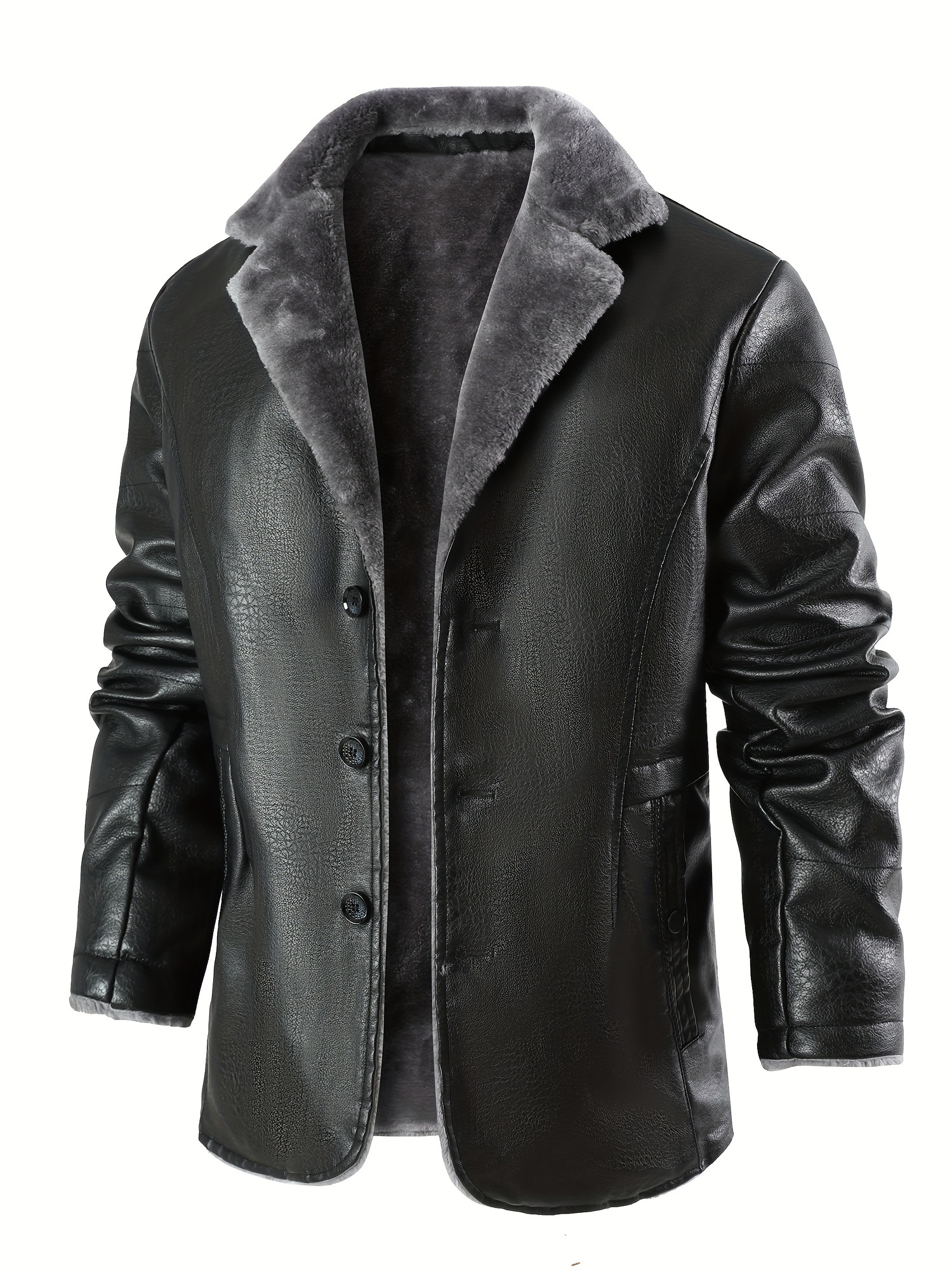 mens pu leather jacket fur lined lapel collar single Temu South