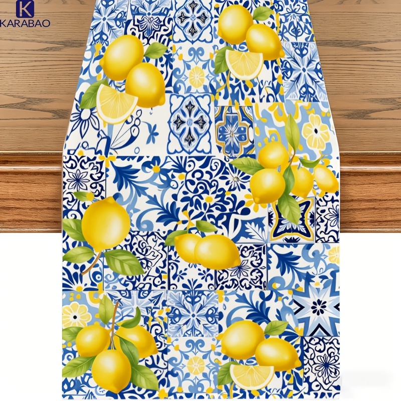 TEMU Runner da 1 pz Limone Mediterraneo con motivo a limoni blu e - Righe a limone stile country francese per decorazione tavolo da , cucina,