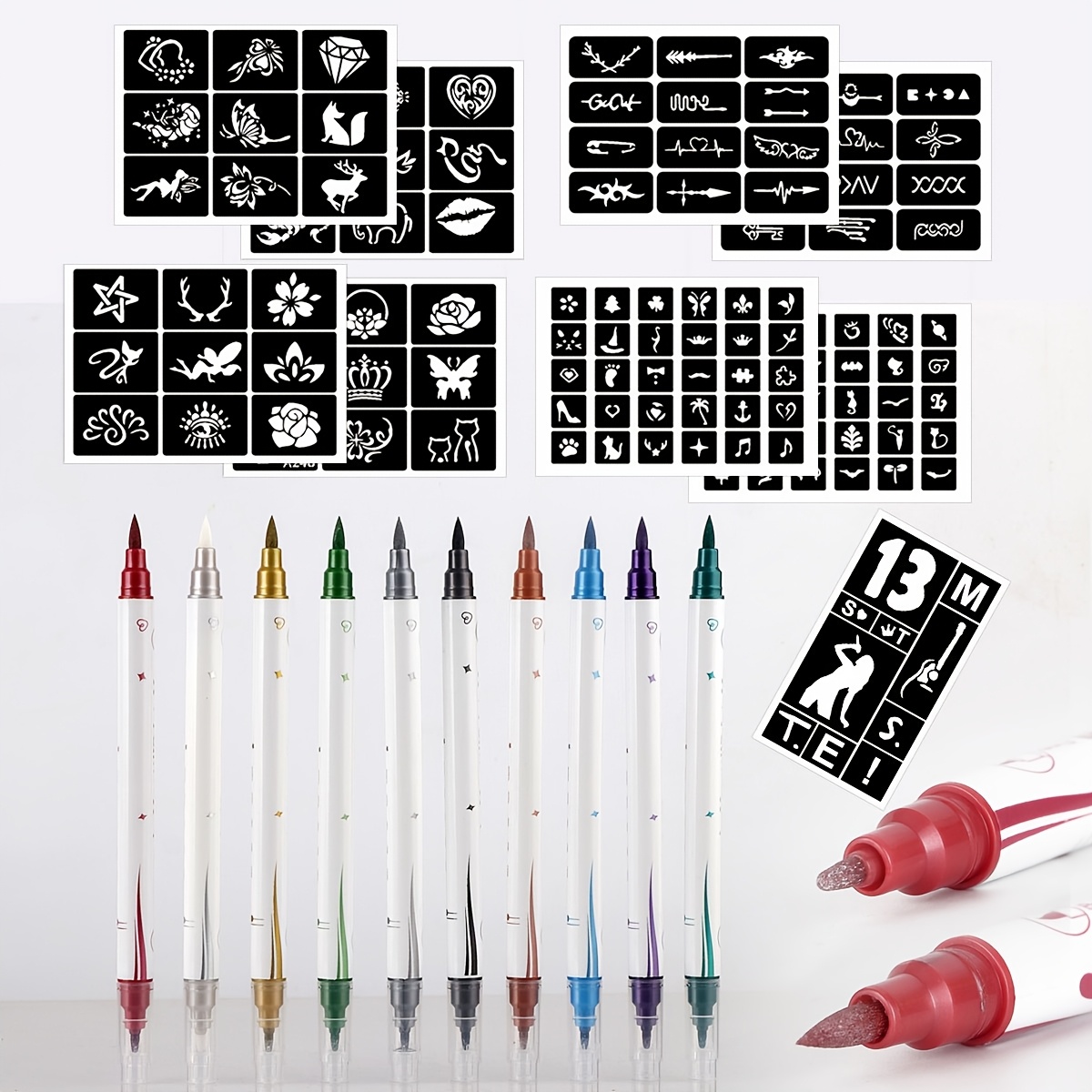 Temporary Skin Tattoo Pen Kit, Includes 10 Colors Of Marker Pens And 9 Sheets Of Templates With 130pcs Patterns Design, Bold And Fine Lines For DIY Body And Face Nail Makeup Coloring Graffiti, Mardi Gras Decorative Body Art Tattoo