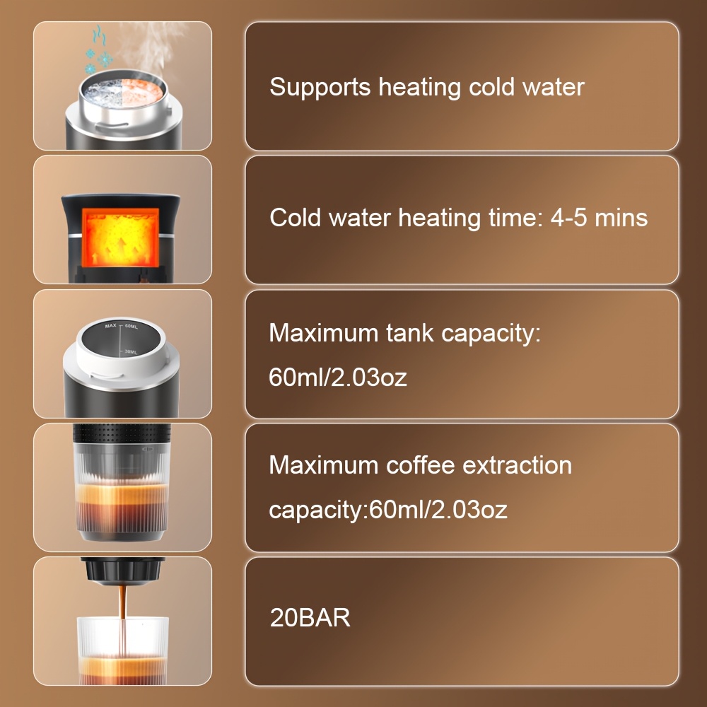 portable machine travel coffee maker for camping car coffee maker self heating with type c hot and cold brew compatible with ground coffee capsule coffee for rv hiking office details 1