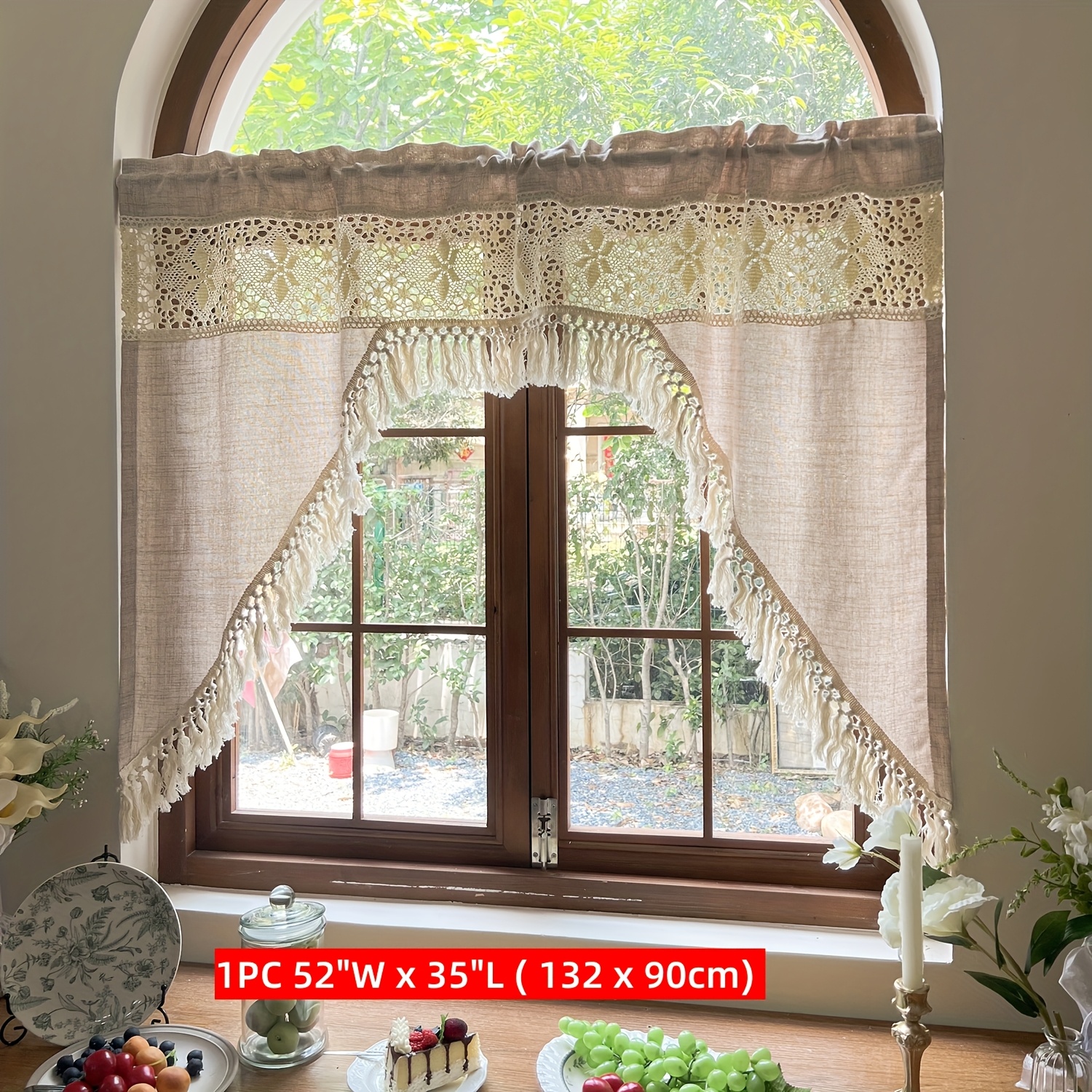 1pc Retro Hollow Stitching Curtain For Small Window Drape With Tassels Kitchen Entrance Cafe Study Home Decoration Blinds