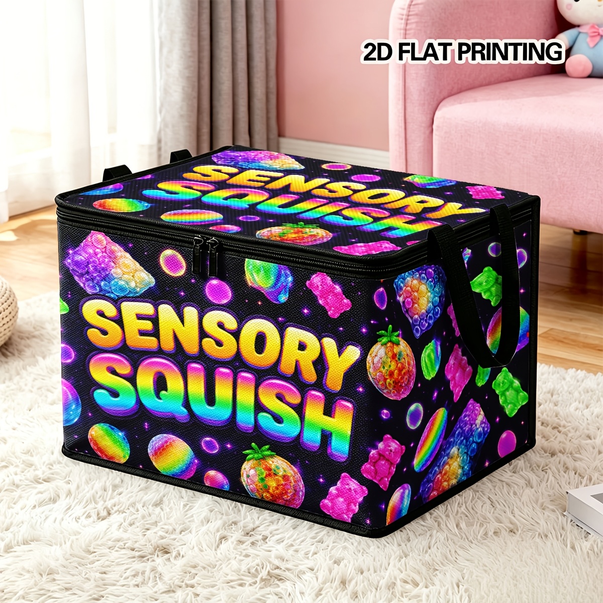 TEMU 1pc Boîte de rangement pliable tendance à motif sensoriel compressible avec impression de lettres, grand bac de rangement à couvercle, de