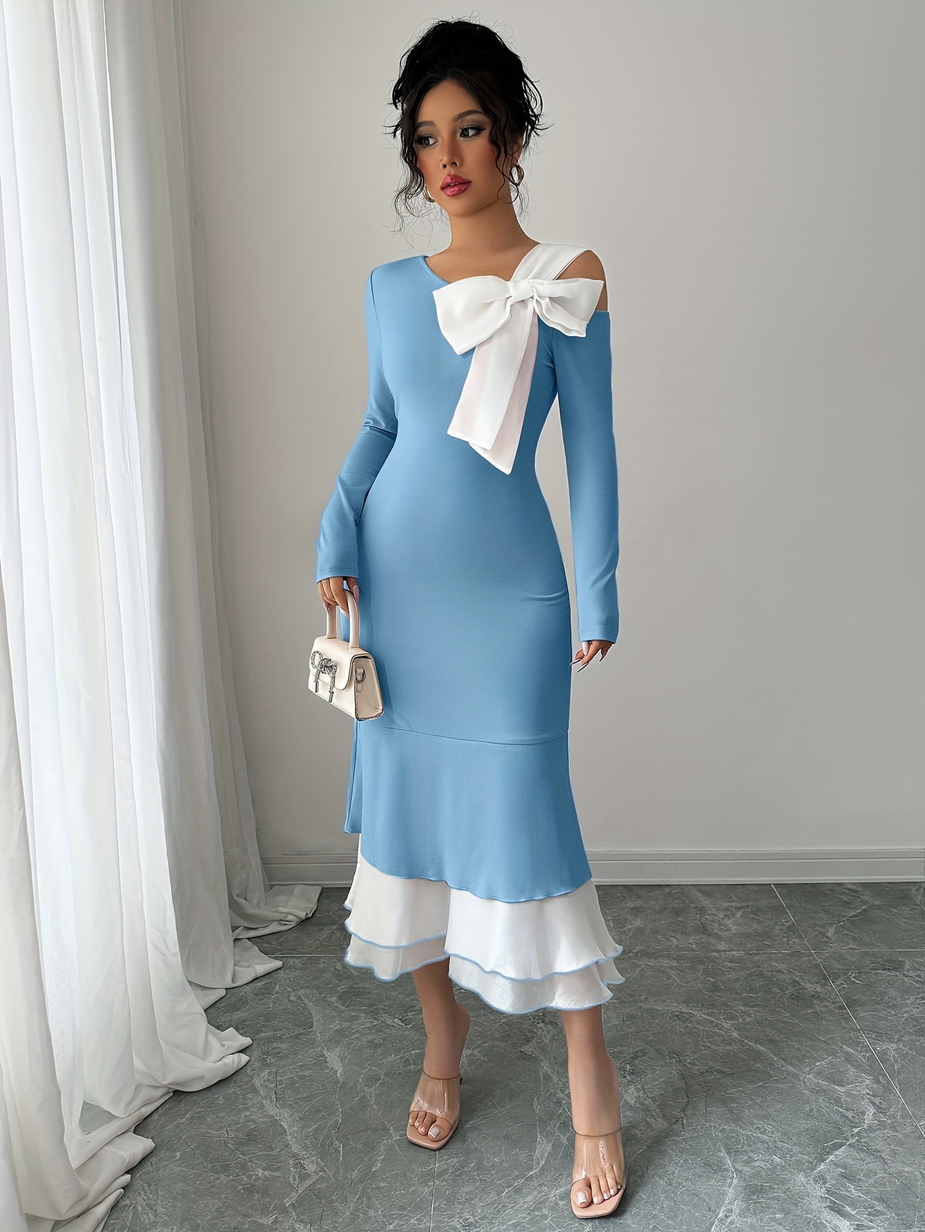 ruched long sleeve mesh midi dress Multicolor Printed Mesh Ruched Long Sleeve Midi Dress