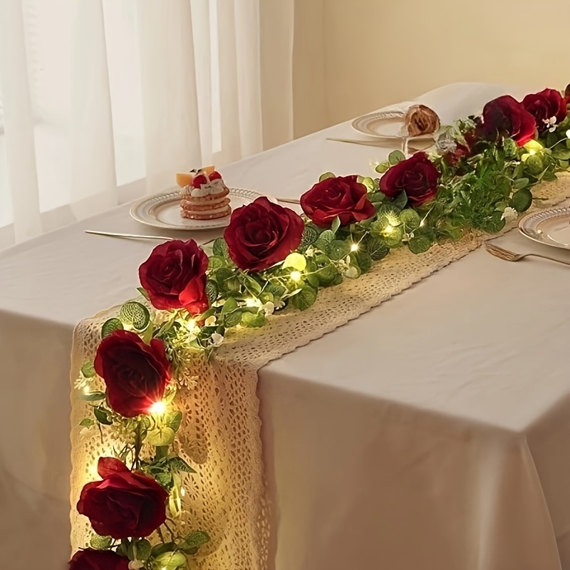 TEMU 6.65ft Artificial Eucalyptus Garlands With Flowers - 8 Roses, Floral Greenery Garlands With String Lights Fake Flowers Vines For Wedding Table