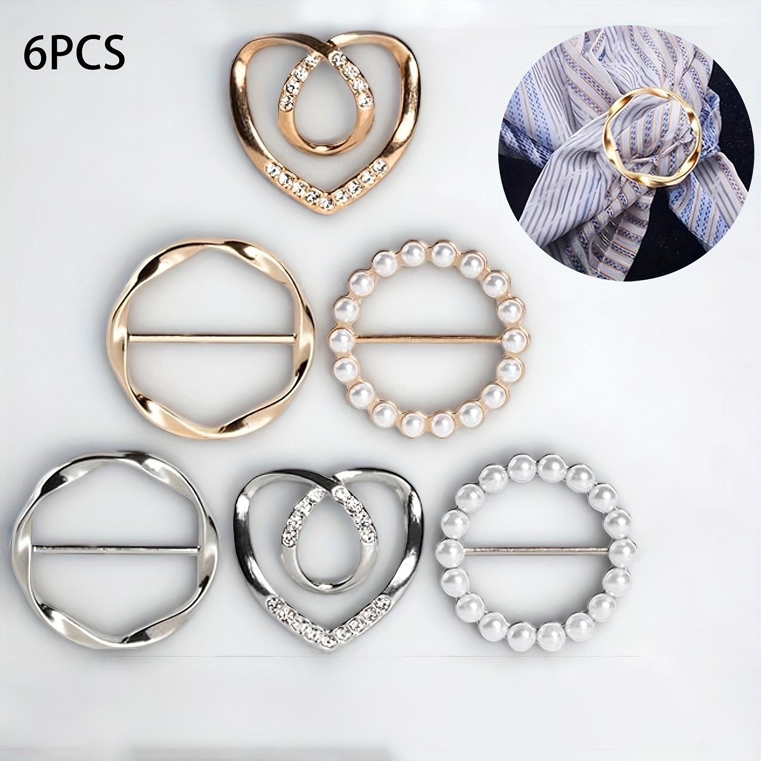 Image of 6pcs Cute Scarf Ring And Slippers, Advanced T-shirt Clip For Ladies' Clothing, Belt Buckles In 3 Different Sizes, Golden/silvery