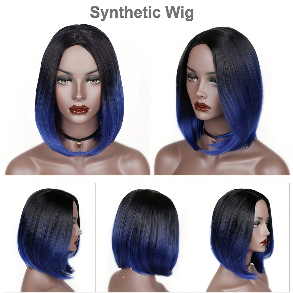 Short Bob Wig Ombre Wig Black Blue Side Part Cosplay Party Temu