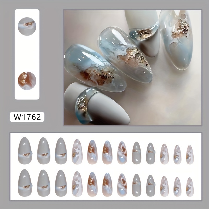 Trade Fake Nails In Light Blue, Removable 3d Nail Stickers With A Matte End, 24pcs