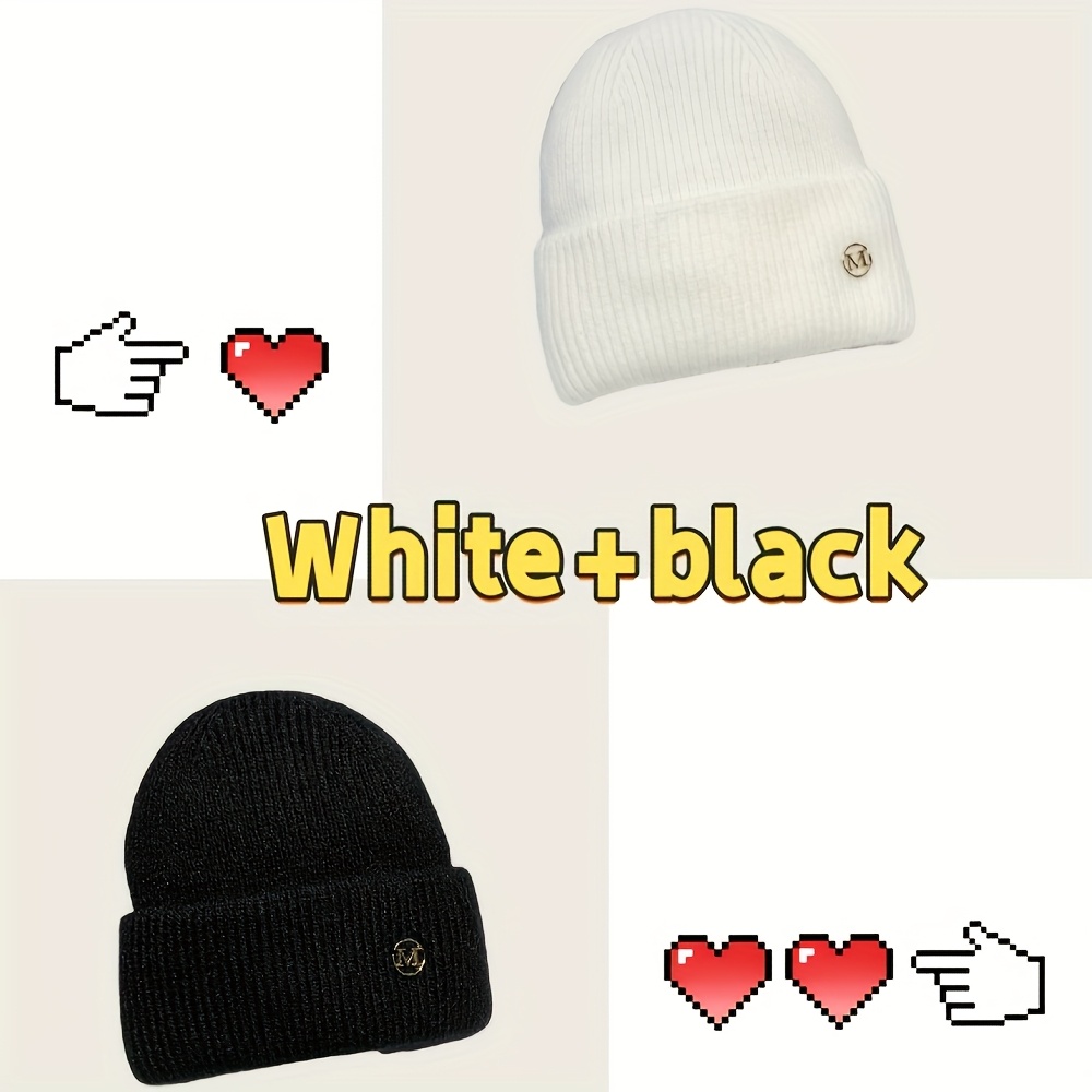 TEMU 2pcs Set Of Winter Hats In Different Colors, M Logo Hat, Women's Autumn/winter Korean-style Versatile Thickened Warm Hat, Ear Protection Hat,