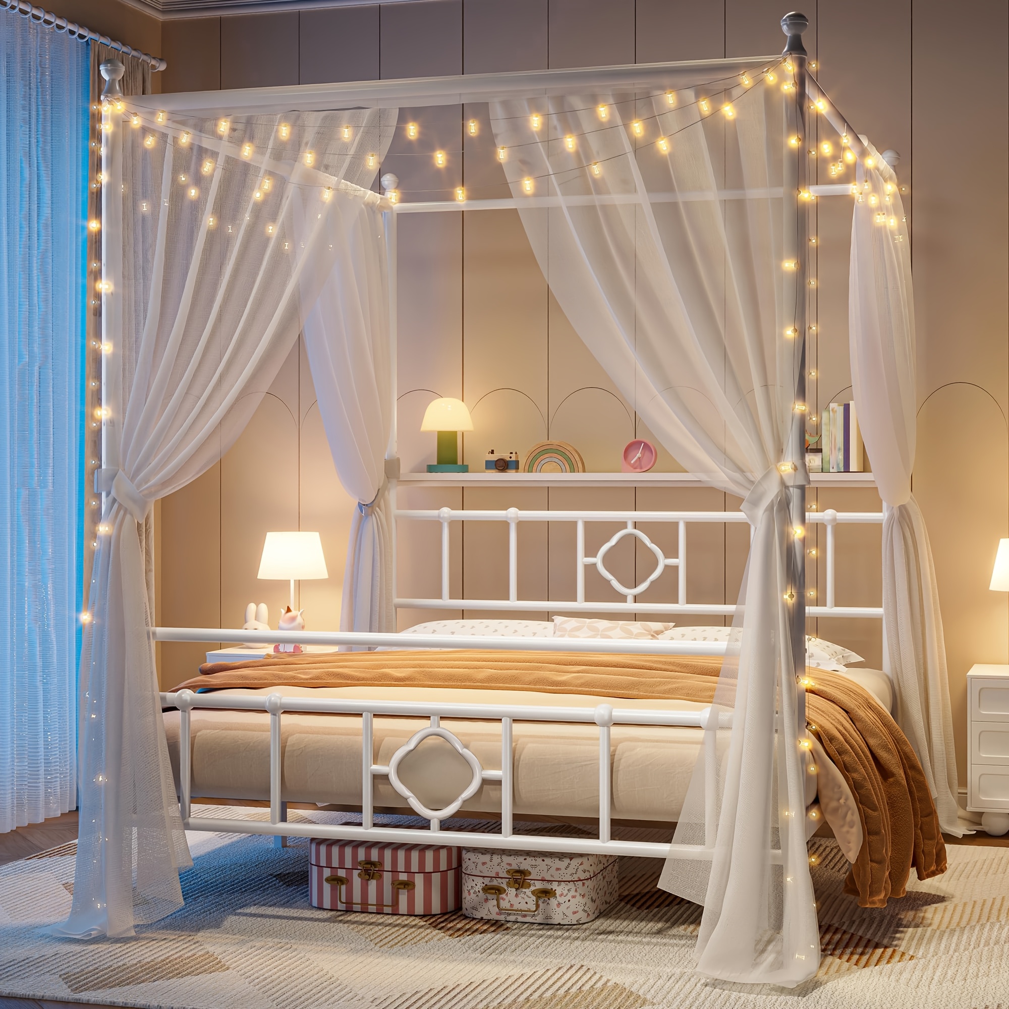 Queen/full/twin Size Bed Frame with Storage Headboard, Detachable MetalPlatform Bed with Under-Bed Storage, Sturdy Bed Frame with Shelves, No Box Spring Needed White/black