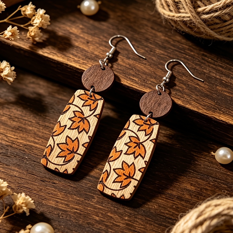 Retro Wooden Printed Maple Leaf Pendant Earrings