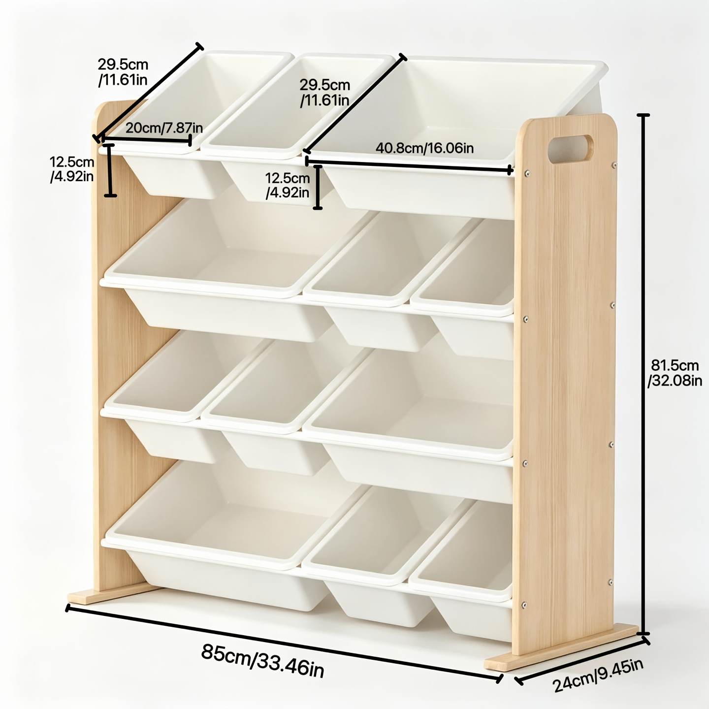 Wooden Home Storage Rack With 12 Plastic Container Organizers, 2 Container Sizes, For Living Room, Bedroom, Dining Room Items, Large Capacity Floor Storage Rack, Beautiful Storage Rack, Utility Racks
