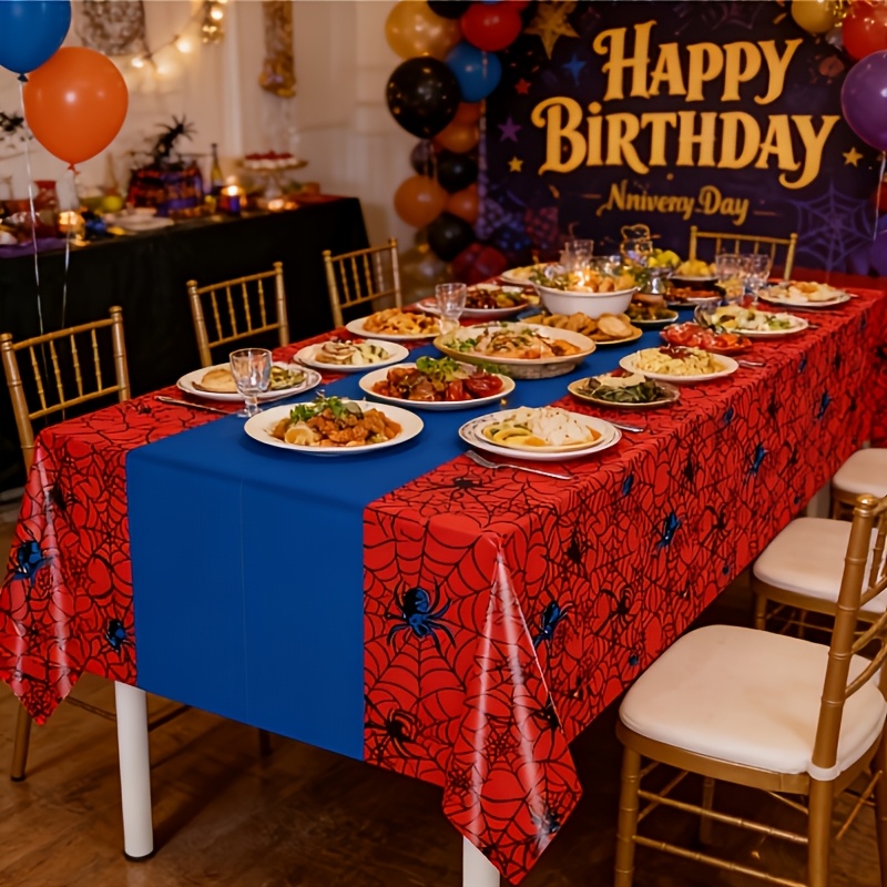 TEMU 1pc Red And Blue Web Themed Party Tablecloth, Disposable Red And Blue Plastic Tablecloth, Suitable For Birthday Party, Gathering, Holiday