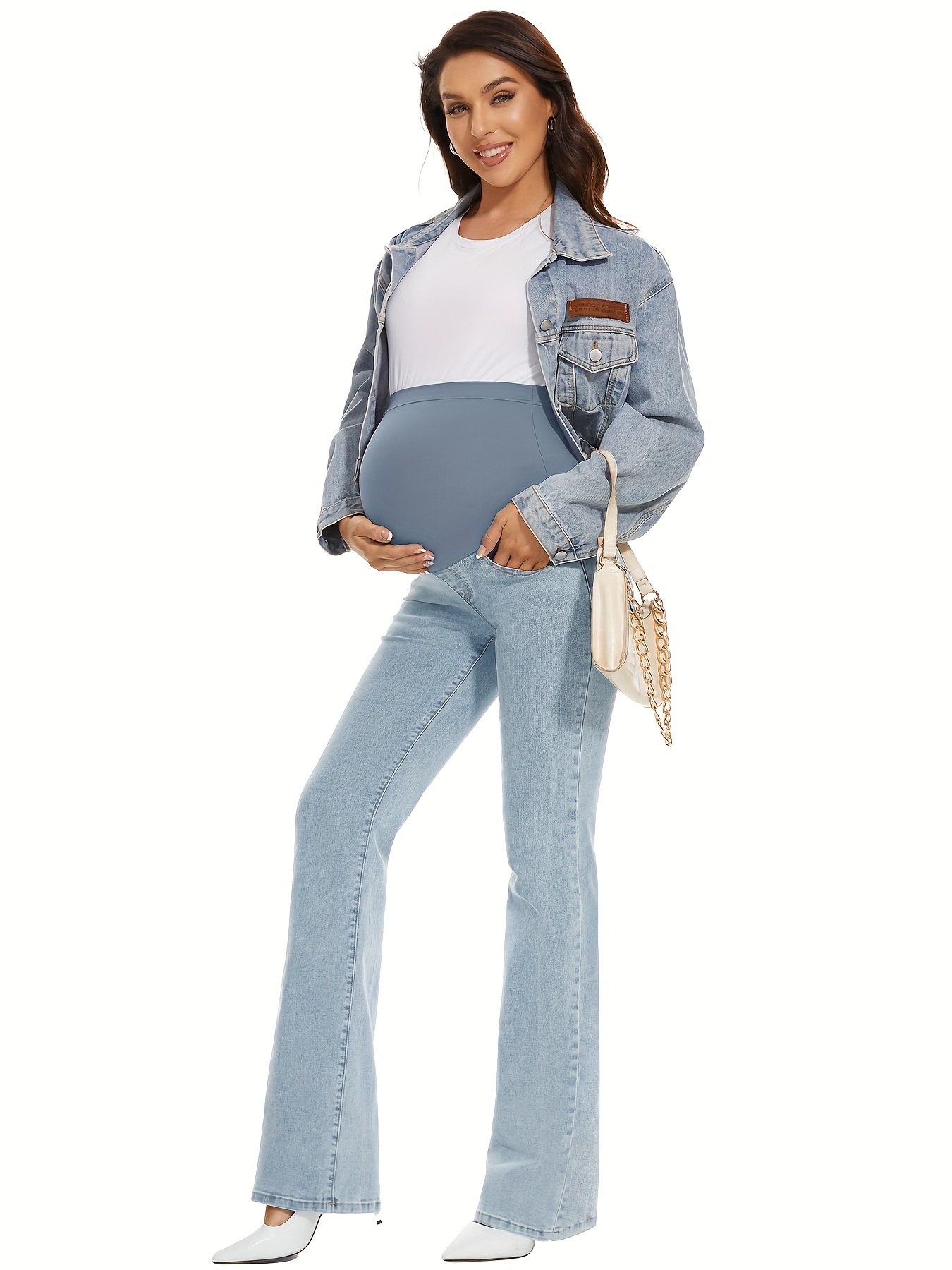 Women's Stretch Maternity Bootcut Jeans With Pockets Over The Bottoms  Flare Denim Pants Pregnancy Clothes