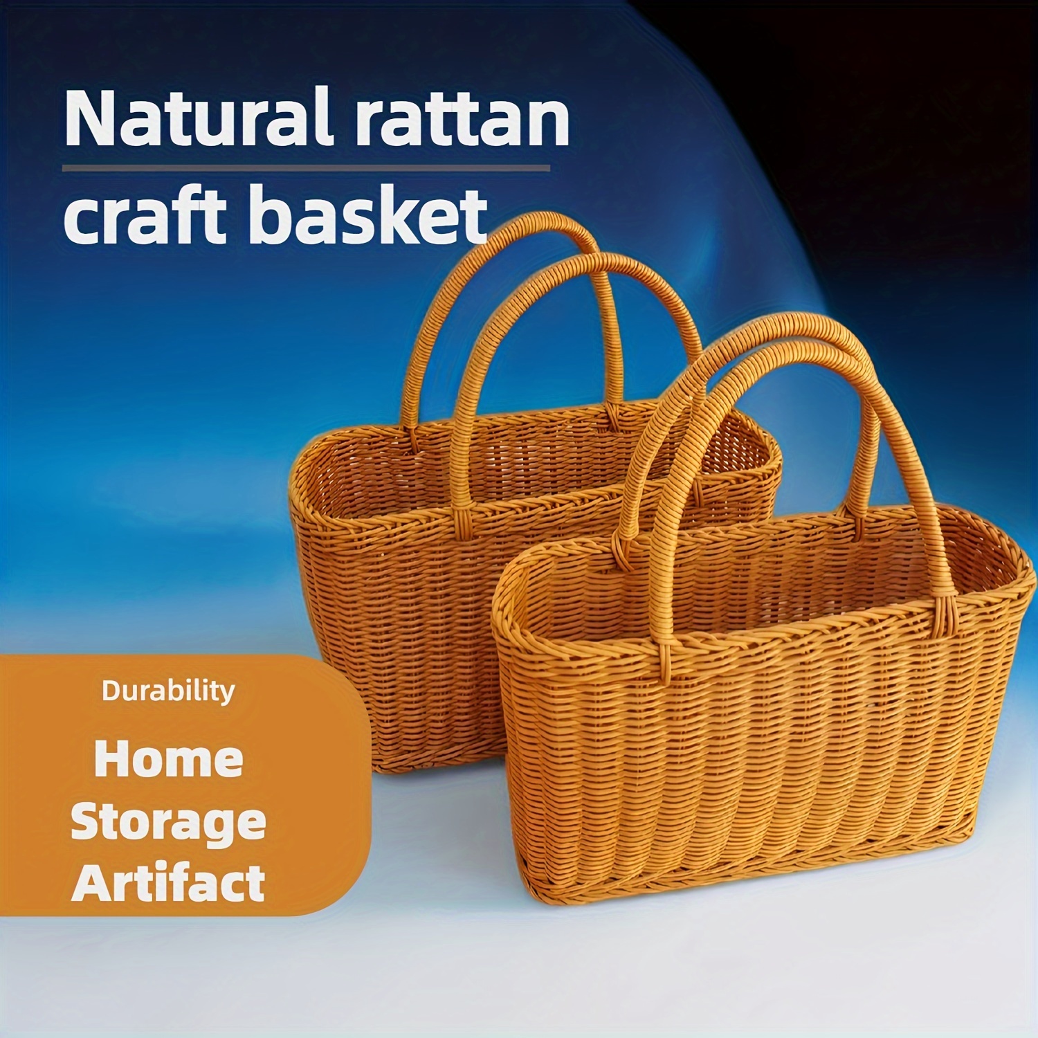 

1pc Rattan Style Picnic Basket, Polypropylene Woven Storage Basket With Handles, And Lightweight, For Shopping, Fruit, Vegetables, Eggs - Small/large Size