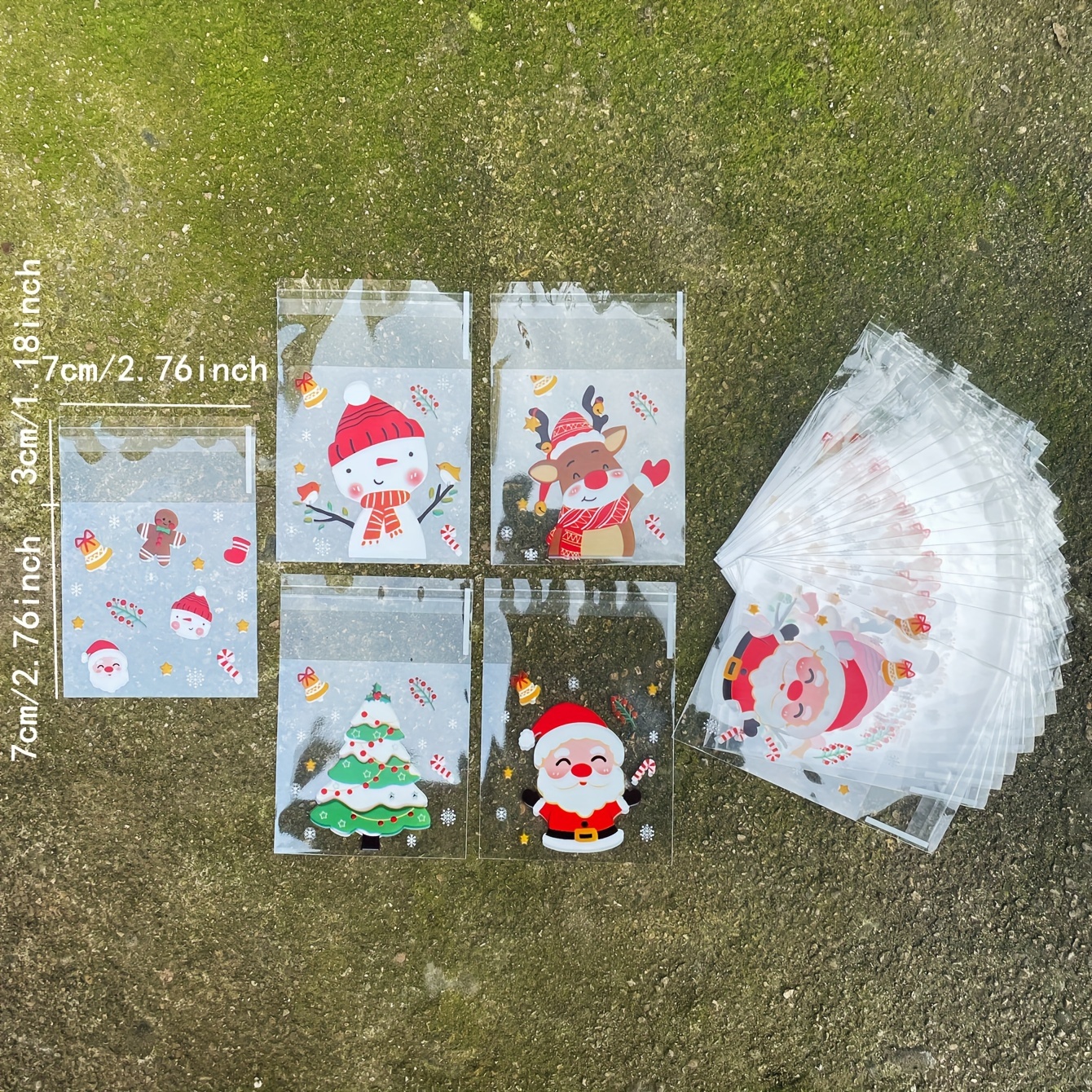 Image of 100pcs Cute Santa Claus Christmas Tree Snowman Pattern Opp Self-sealing Bags, Christmas Party Gift Small Ornament Decoration Transparent Opp Packaging Bags, Suitable For Themed Party Gift Packaging