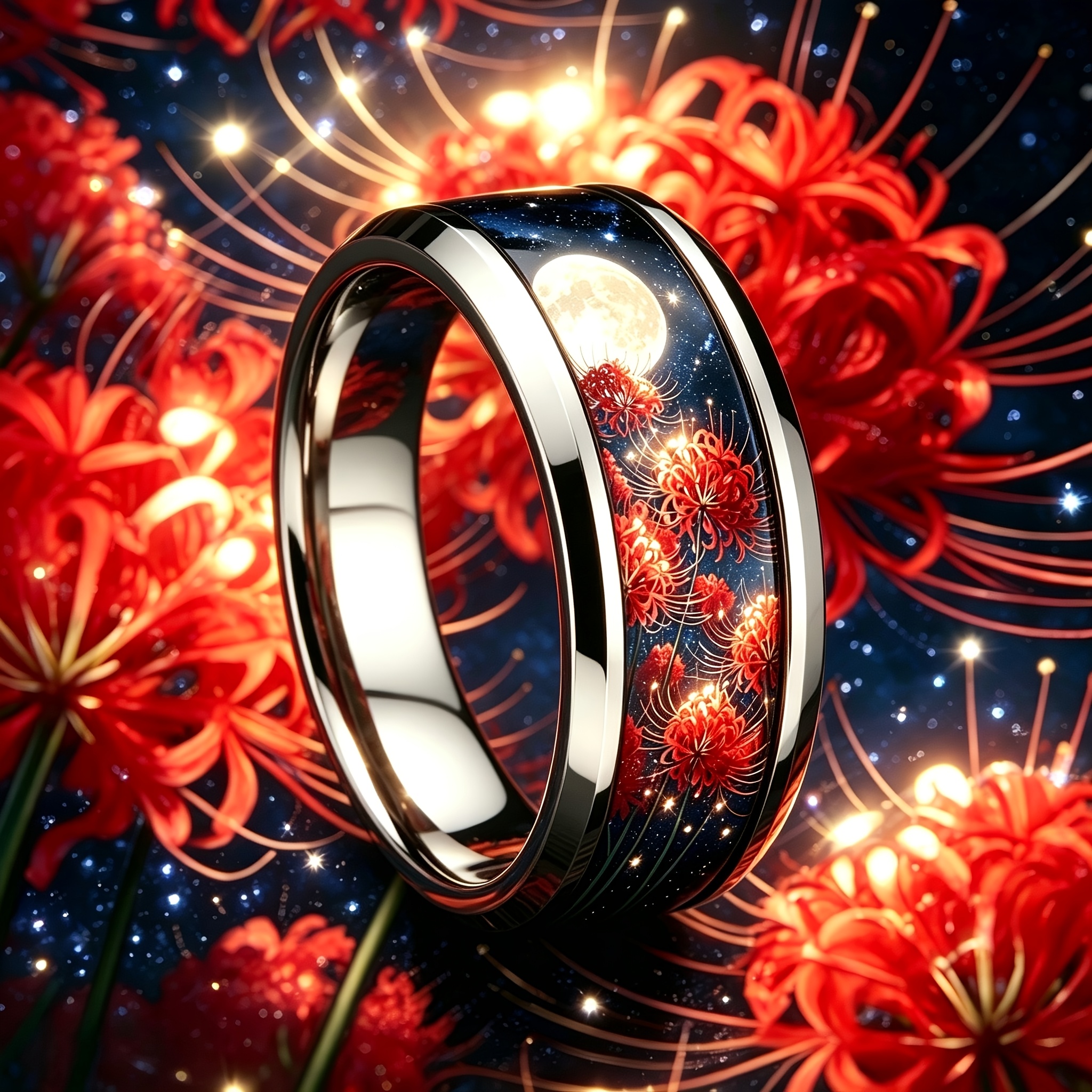 Moonlit Poppy Print 304L Stainless Steel Ring with Starry Sky Inlay