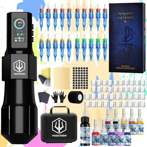 poseidon tattoo kit complete set - draadloze tattoo pen met 20 stuks tattoo naalden cartridge en tattoo gun kit complete set en 11 tattoo inkt, tattoo pen met 1800mah capaciteit draadloze power, voor beginner tattoo artist