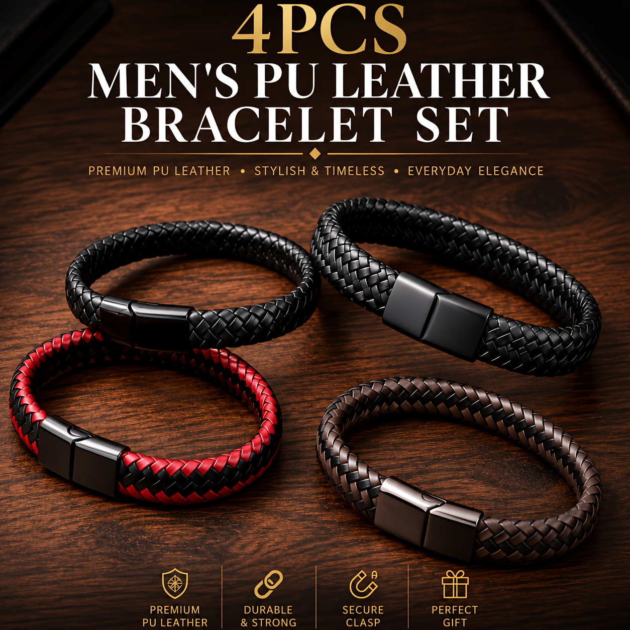 TEMU 4pcs Faux Leather Braided Wristband Set, Men' All-match Bracelet, Is For Father's Day And Valentine's Day