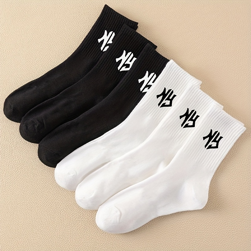 TEMU A Pc Of 6 Pairs Of Men's Black And White Letter-patterned Casual Sports Socks, Suitable For Everyday Wear, Featuring A Stylish Design, Urban