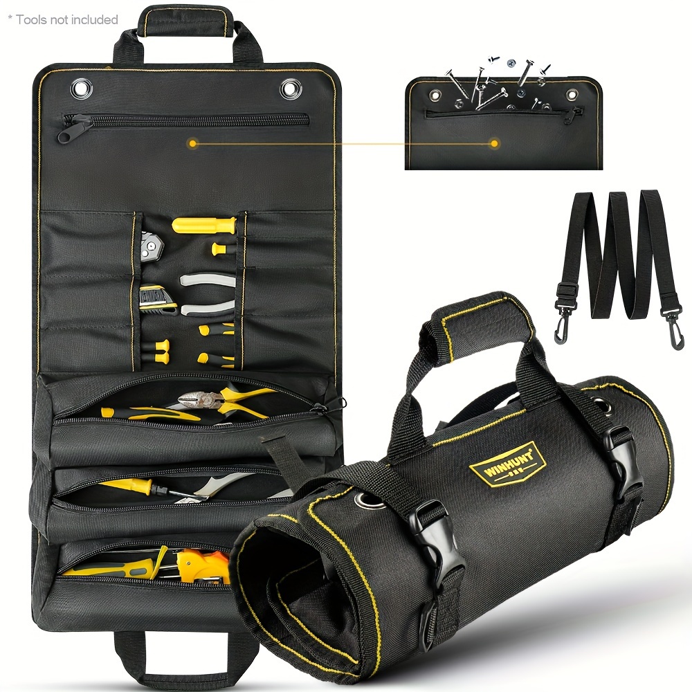 

Winhunt Heavy-duty Roll-up Tool Bag - Black Polyester Organizer With 11 Pockets, Adjustable Shoulder Strap & Extra Storage Pouch, Ideal For Mechanics, Electricians, Plumbers &