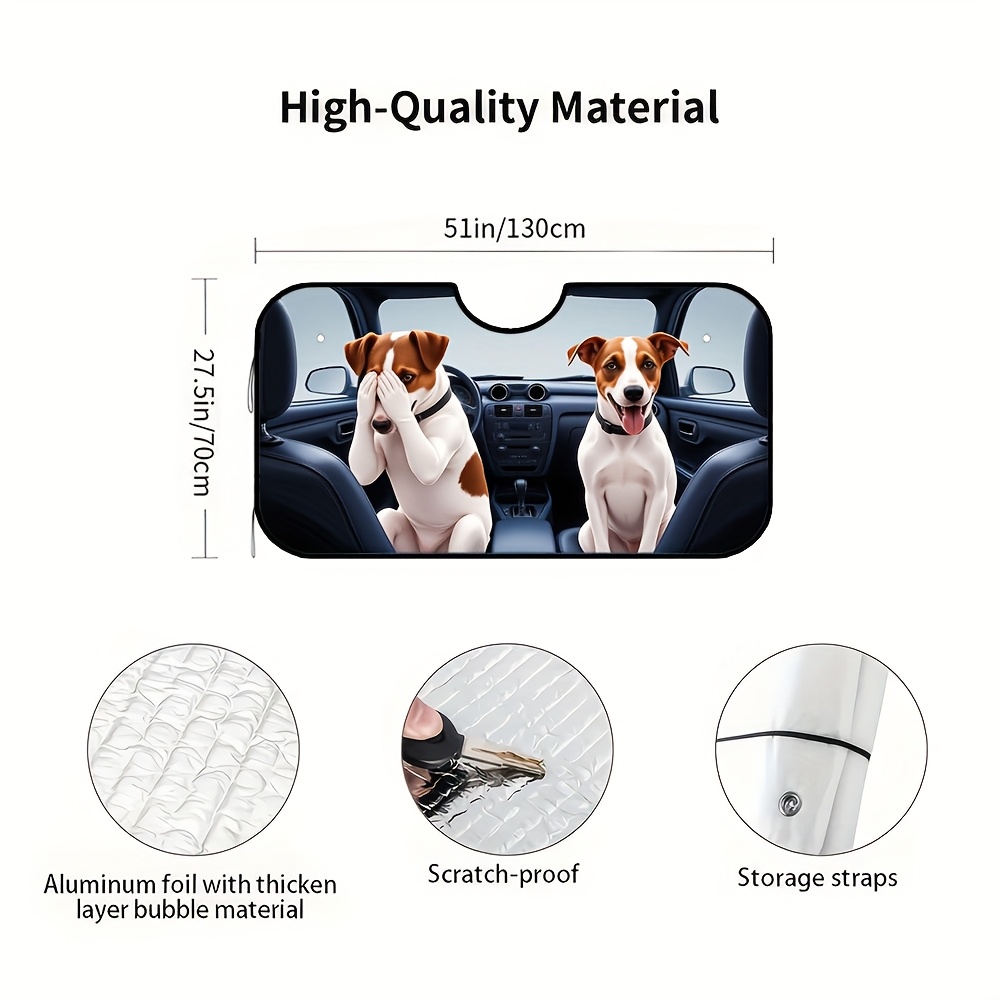 TEMU 1pc Funny Dog Driving Car Graphic Windshield Sunshade With 4 Suction Cups, Foldable Car Shade For Sun & Glare Protection, Humorous Roadside Stop