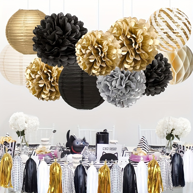 

11pcs Black Golden Paper Lanterns And Honeycomb Balls Set, Uncharged Party Decorations For Birthday, Wedding, Events - Suitable For Ages 14+