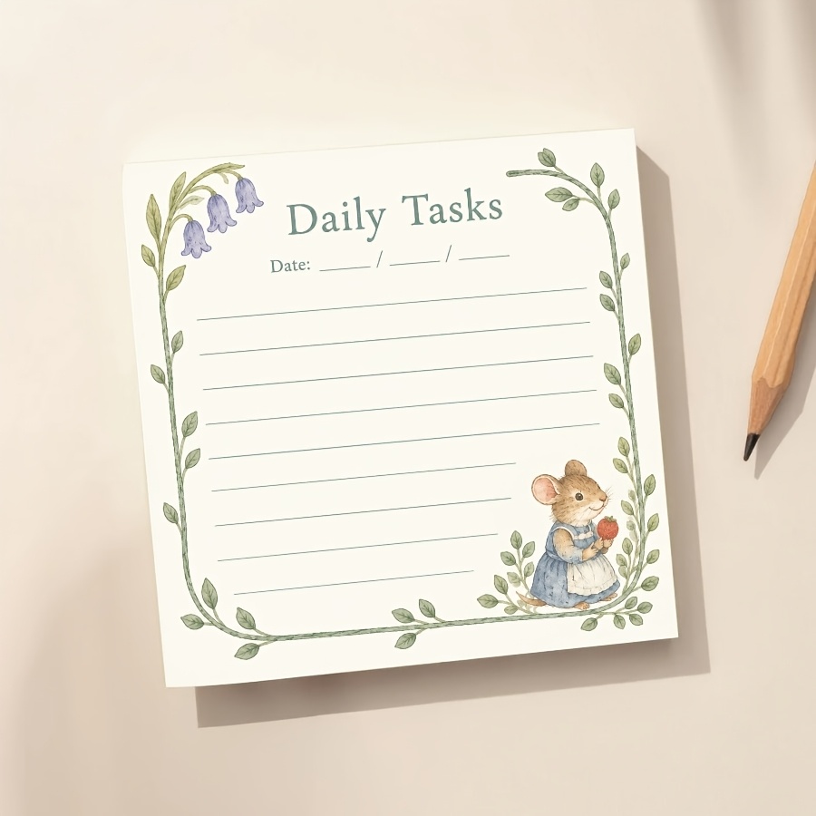 TEMU Kawaii Mouse Memo Pad, Cute Woodland Animal & Strawberry Illustration With Botanical Leaf Border, Vintage Cottagecore Writing Notes Paper For