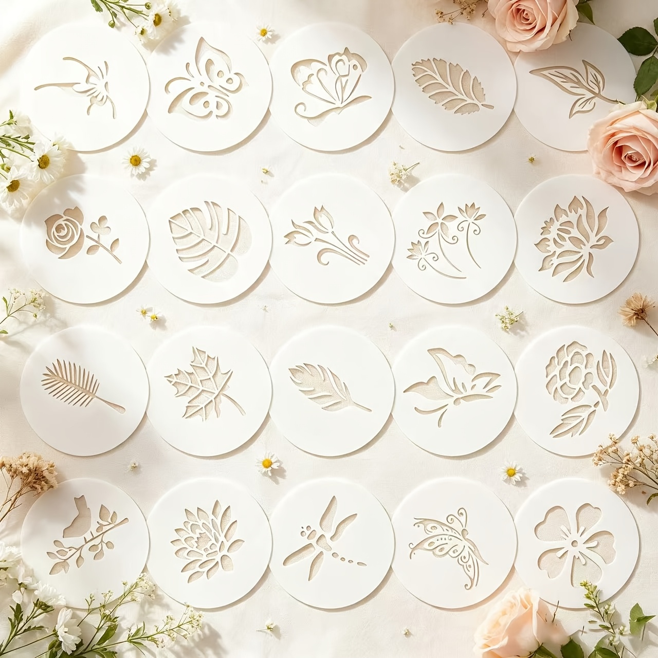TEMU 20pcs Floral And Painting Stencils - Flowers, Plants, Leaves, Reusable Plastic Stencils For Fabric And Paper Crafts - Art Supplies For Spray