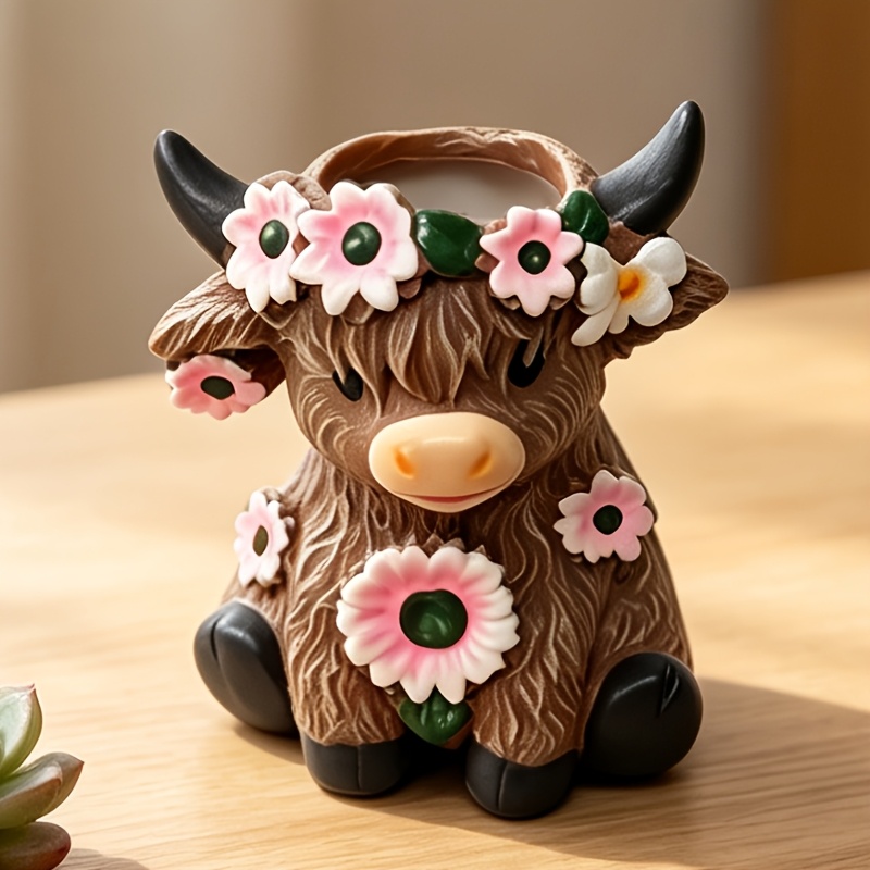 TEMU Highland Cow Planter Pot - Scottish Cow Pvc Planter Suitable For, & Herbs, Rustic /outdoor Decor With Painted, Lightweight Irregular Shaped Desk