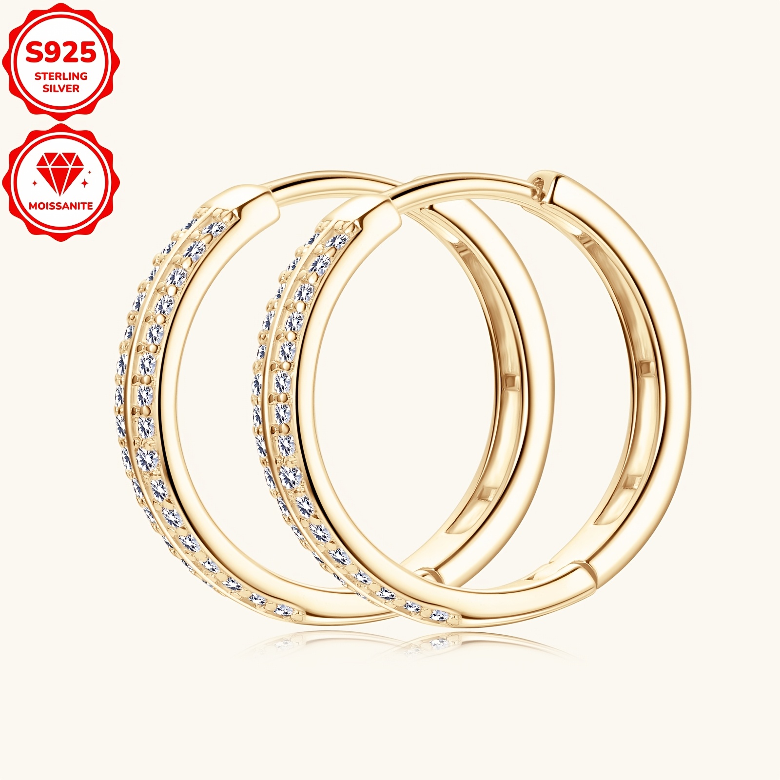 1 pair elegant 14k golden plated hoop earrings 925 sterling silver synthetic moissanite april birthstone daily wedding accessory christmas holiday jewelry 15mm inner diameter details 12