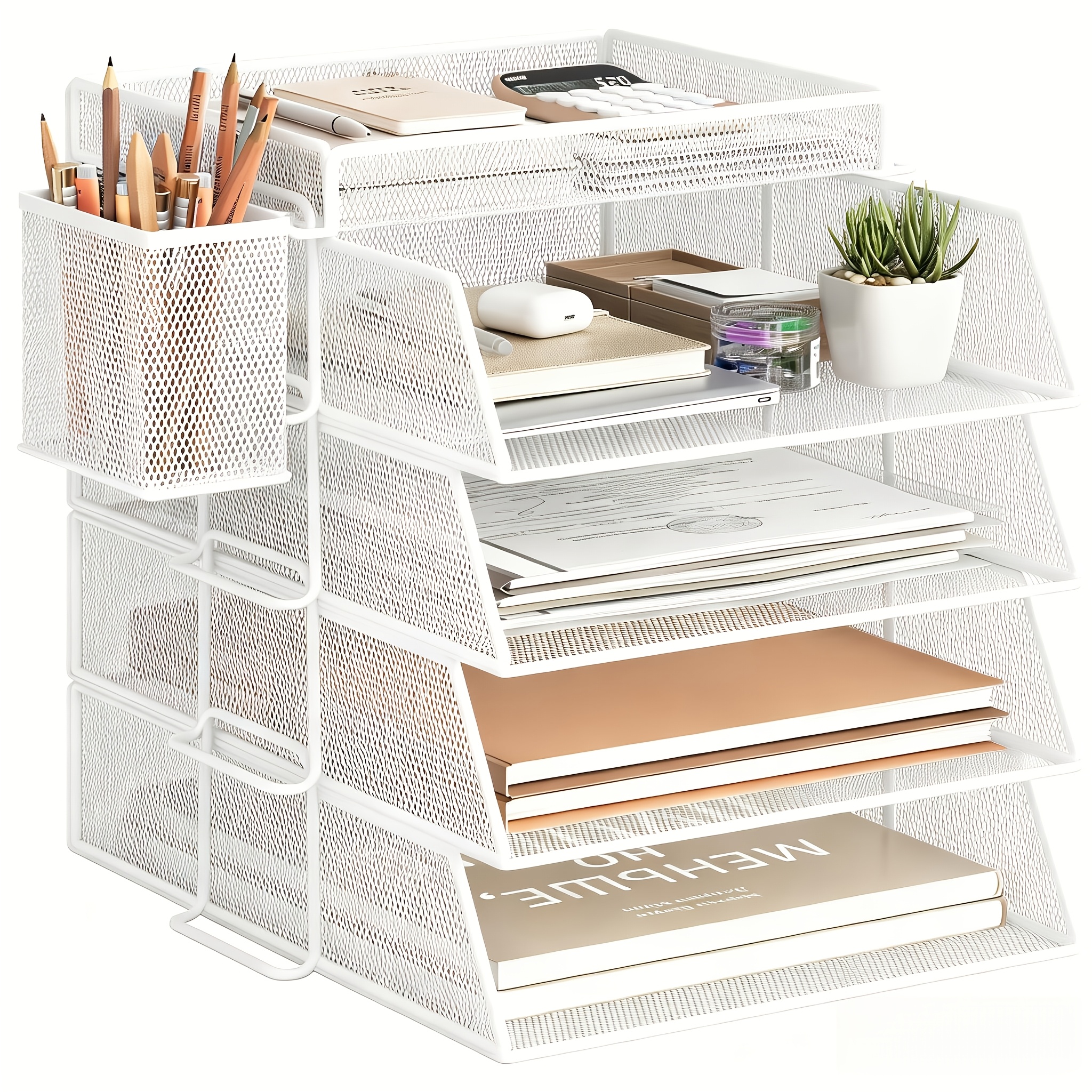 Stackable Letter Tray, Desk Organiser With 4 File Holders And 1 Pen Holder, For A4 Documents, Office Organiser Made Of Metal, Desk Tray For Office Tray, Mail Baskets