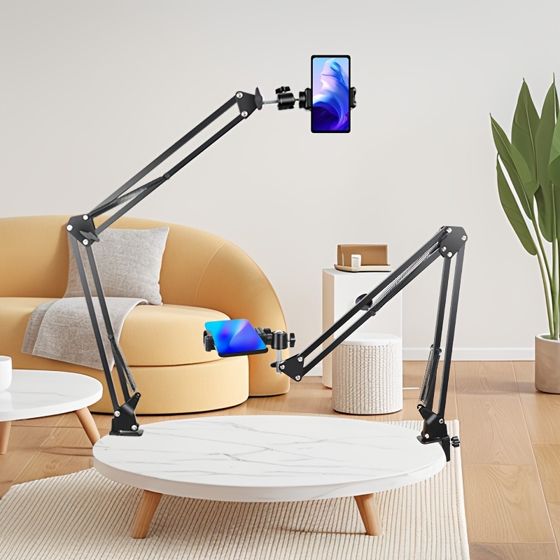 iron cantilever mobile phone holder 360 degree rotation adjustable angle height foldable design with desktop stand for live streaming teaching recording details 8