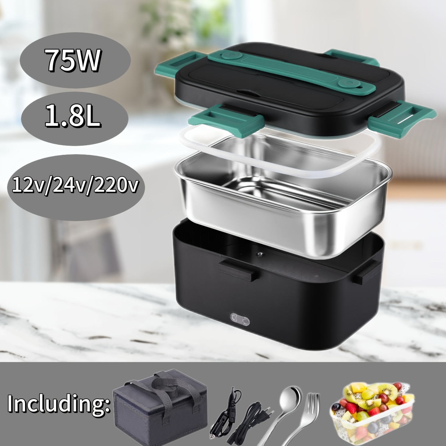 

75w Black-green Stainless Steel Electric Heating Lunch Box: 1.8l Large Capacity, Essential For Workers, Suitable For Trucks And Cars, With Thermal Bag And Tableware Set.