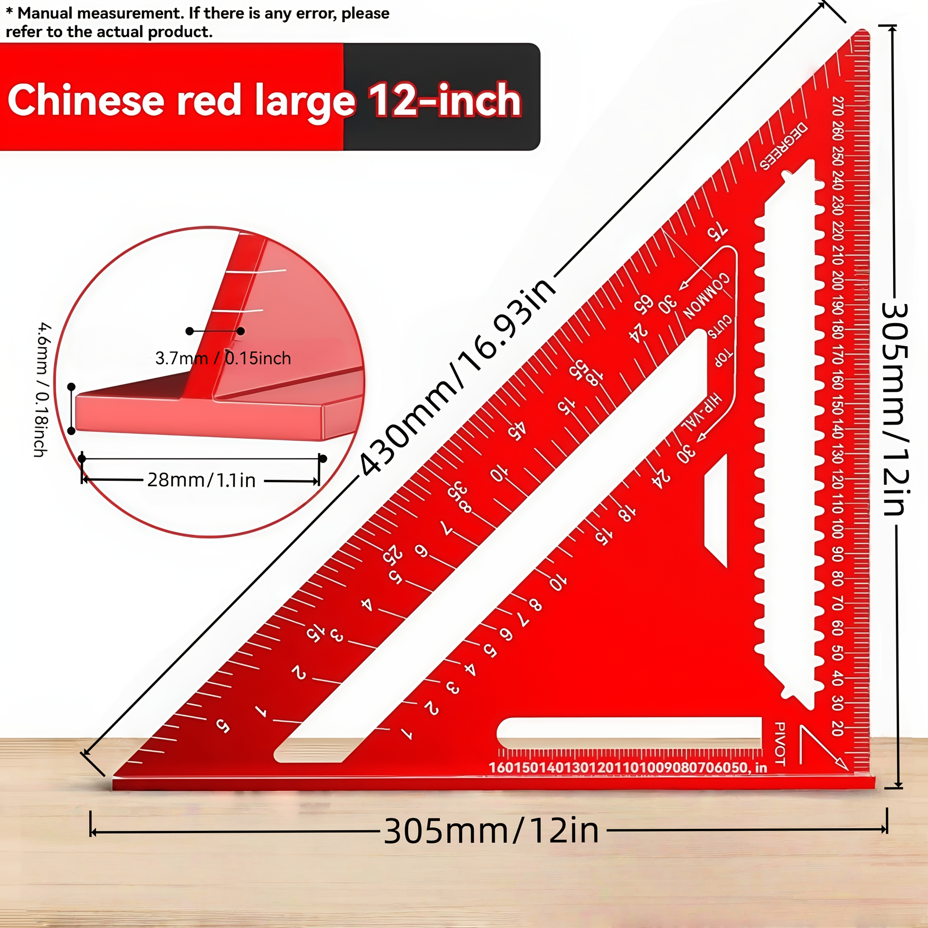 12 inch red aluminum alloy   ruler heavy duty construction with metric imperial scales mm inch angle finder precision carpentry architecture engineering measuring tool lightweight portable design for professional woodworking projects carpentry essentials ergonomic grip reliable measurement diy enthusiasts Product details 5