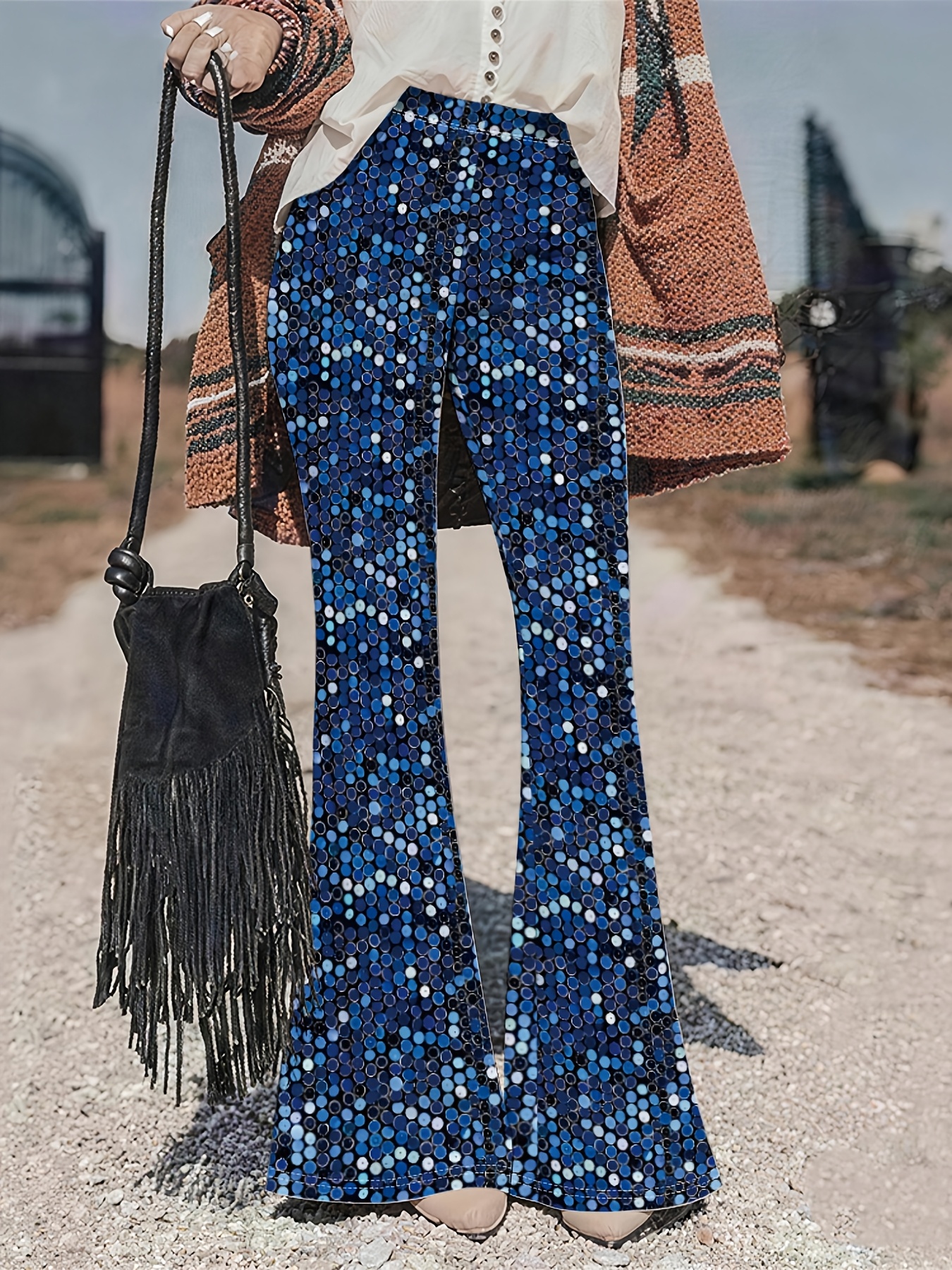 printed design non textured womens sequin flared pants high waisted bell   shiny disco   outfit stretch wide leg pants suitable for evening cocktail parties and graduation balls