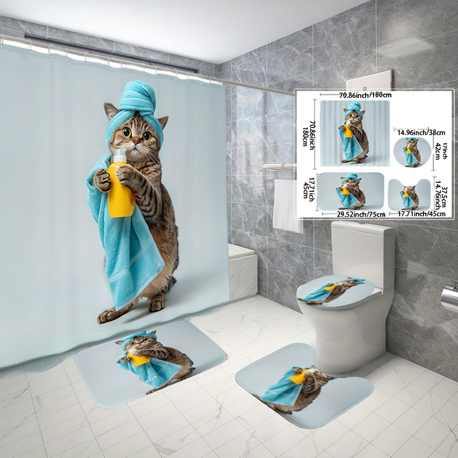 

1/3/4pcs Bathroom Cat Pattern Shower Curtain, Waterproof Polyester Fabric, Shower Curtains For Walk-in Showers, With 12 Hooks, Bathroom Non-slip Floor Mat, Toilet Seat Cover And U-shaped Mat