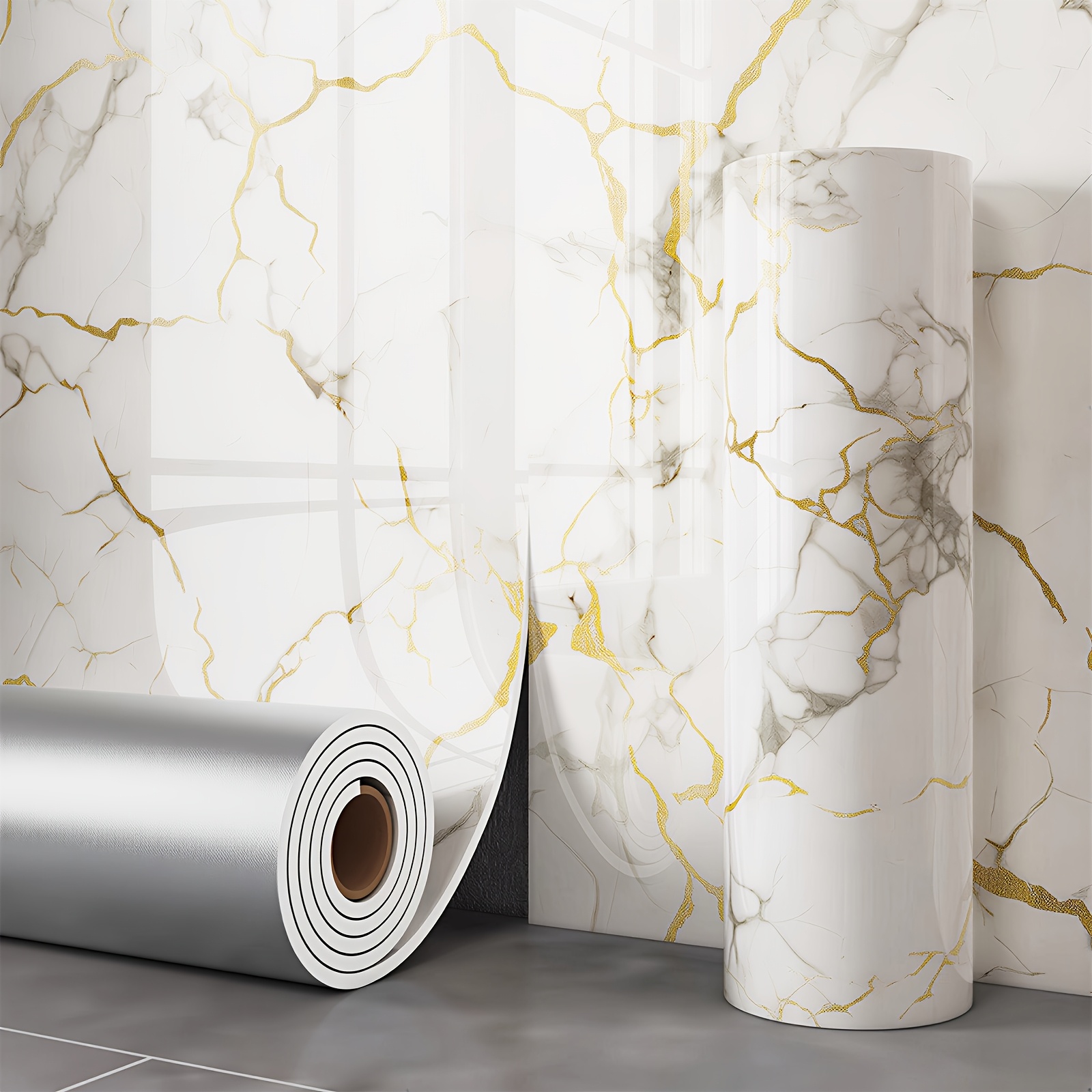 TEMU 1 Rouleau de Papier Peint Marbre Autocollant pour Sols/Plafonds/Murs en Bois - Film PET Épaissi Brillant, Panneaux de Carreaux à et Coller pour