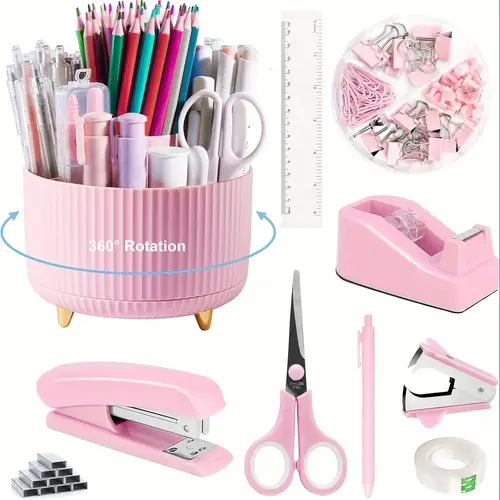 stylish and elegant womens office supplies set stapler 360 rotating pen holder tape scissors ruler and more in 4 bright colors ideal gift for office and teachers