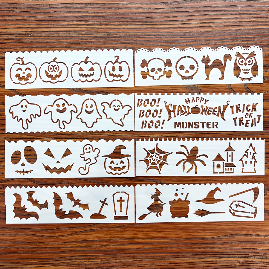 8pcs Mini Christmas Halloween Hollow Stencils Witch Text Painting Graffiti Spraying Template Pet Plastic Material Reusable Washable