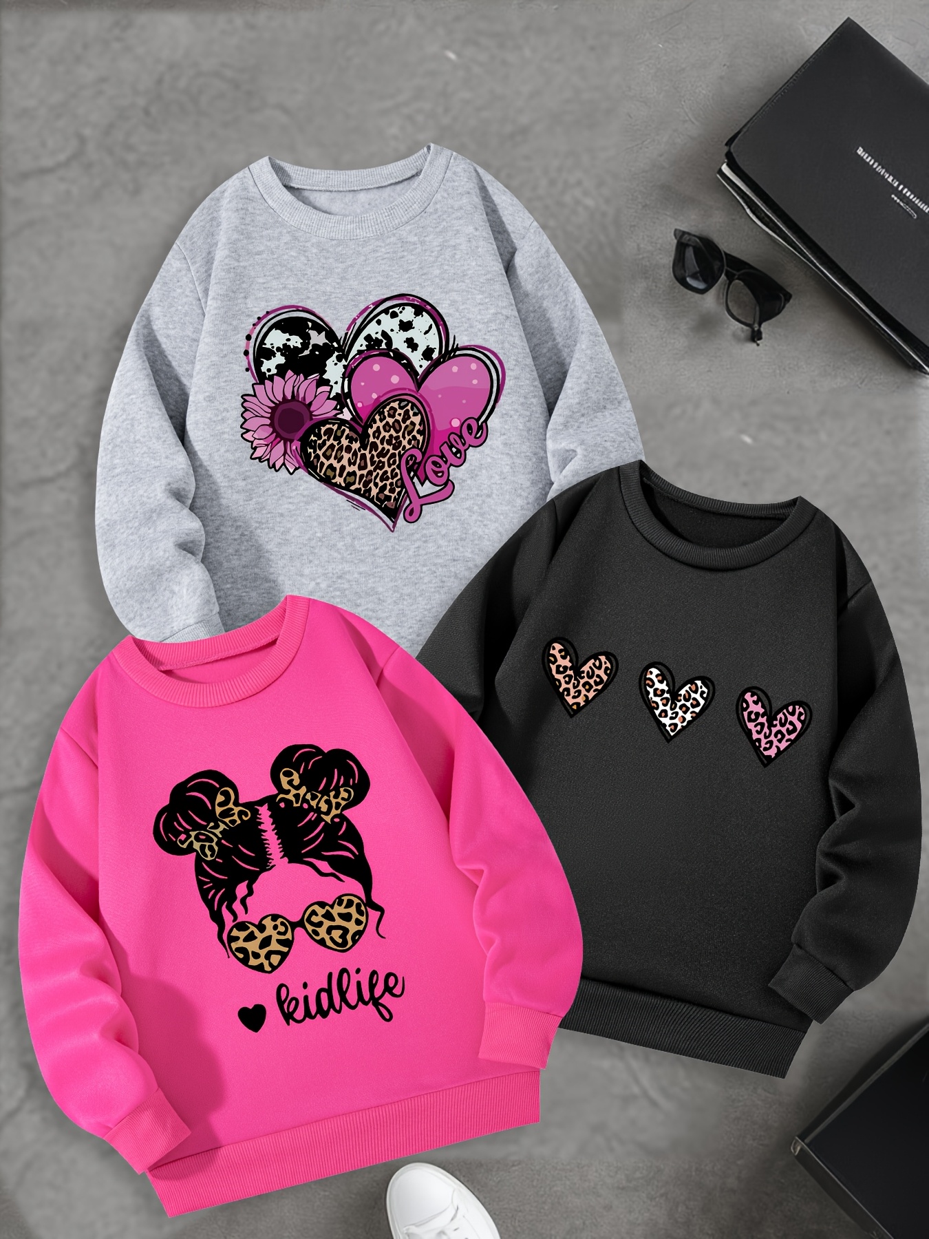 3-delige Meisjes Sweatshirts met Hartjesprint - Knusse Pullover met Lange Mouwen en Ronde Hals