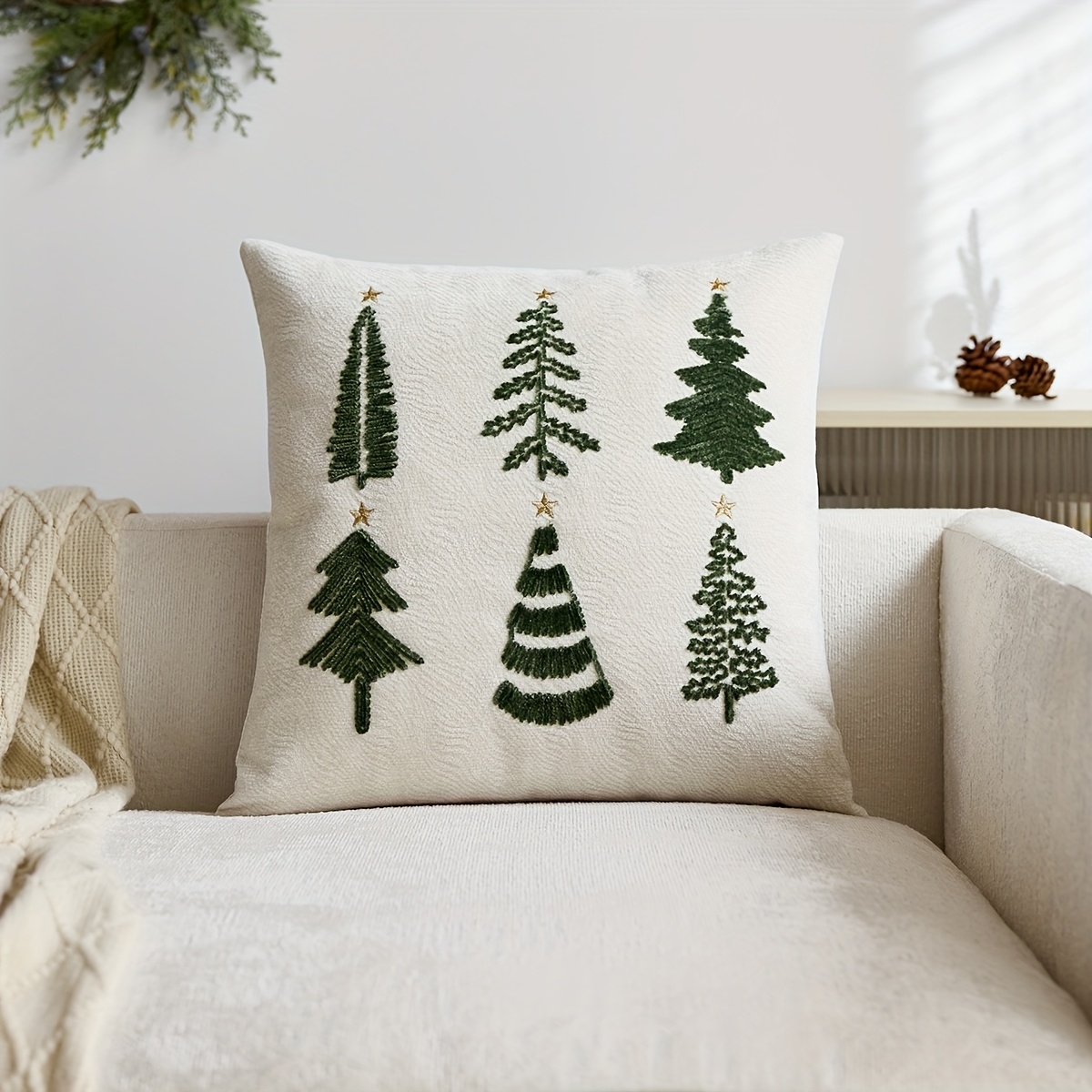 TEMU 1 de almohada bordada con diseño de árbol de Navidad, ideal para decoración de interiores, de almohada decorativa navideña, no el relleno