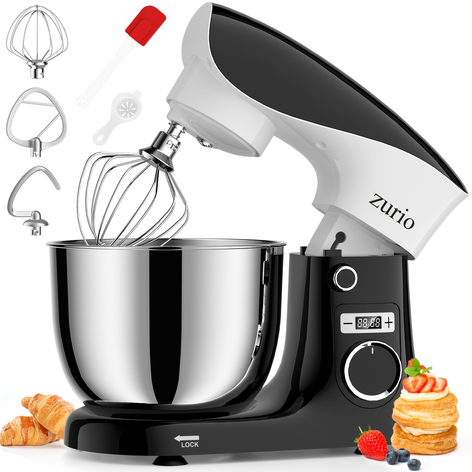 Image of Zurio 5l Electric Stand Mixer, Kitchen Electric Mixer, 10+p Speed Dough Kneading Machine, With Whisk, Mixing Paddle And Dough Hook, Dishwasher Safe, For Baking And Everyday Cooking
