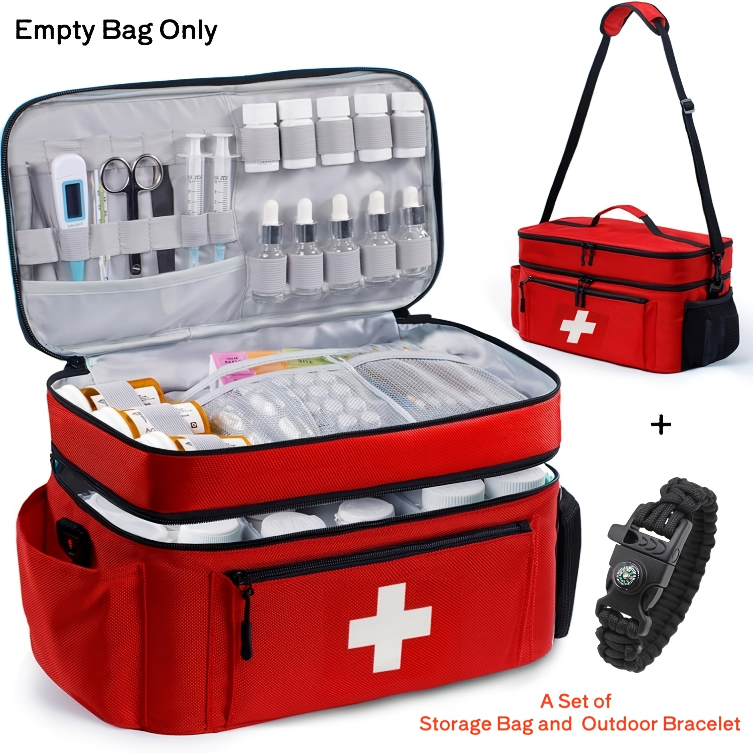 item picture two pieces set of large capacity travel handheld portable first aid kit with shoulder strap durable multi   storage bag and outdoor bracelet oxford material ideal for travel emergency needs reusable brand  
