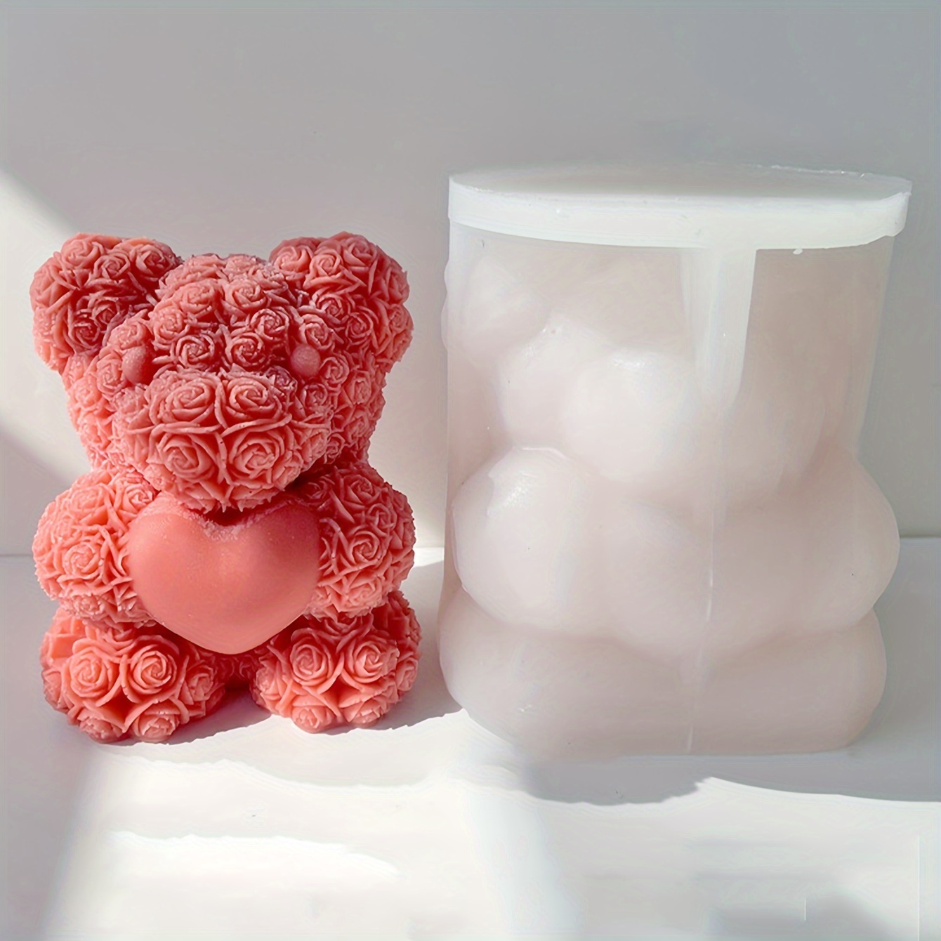 

1pc Valentine's Day Love Rose Flower Bear Candle Making Silicone Mold Diy Tanabata Bear Handmade Aromatherapy Plaster Ornament Making Silicone Mold