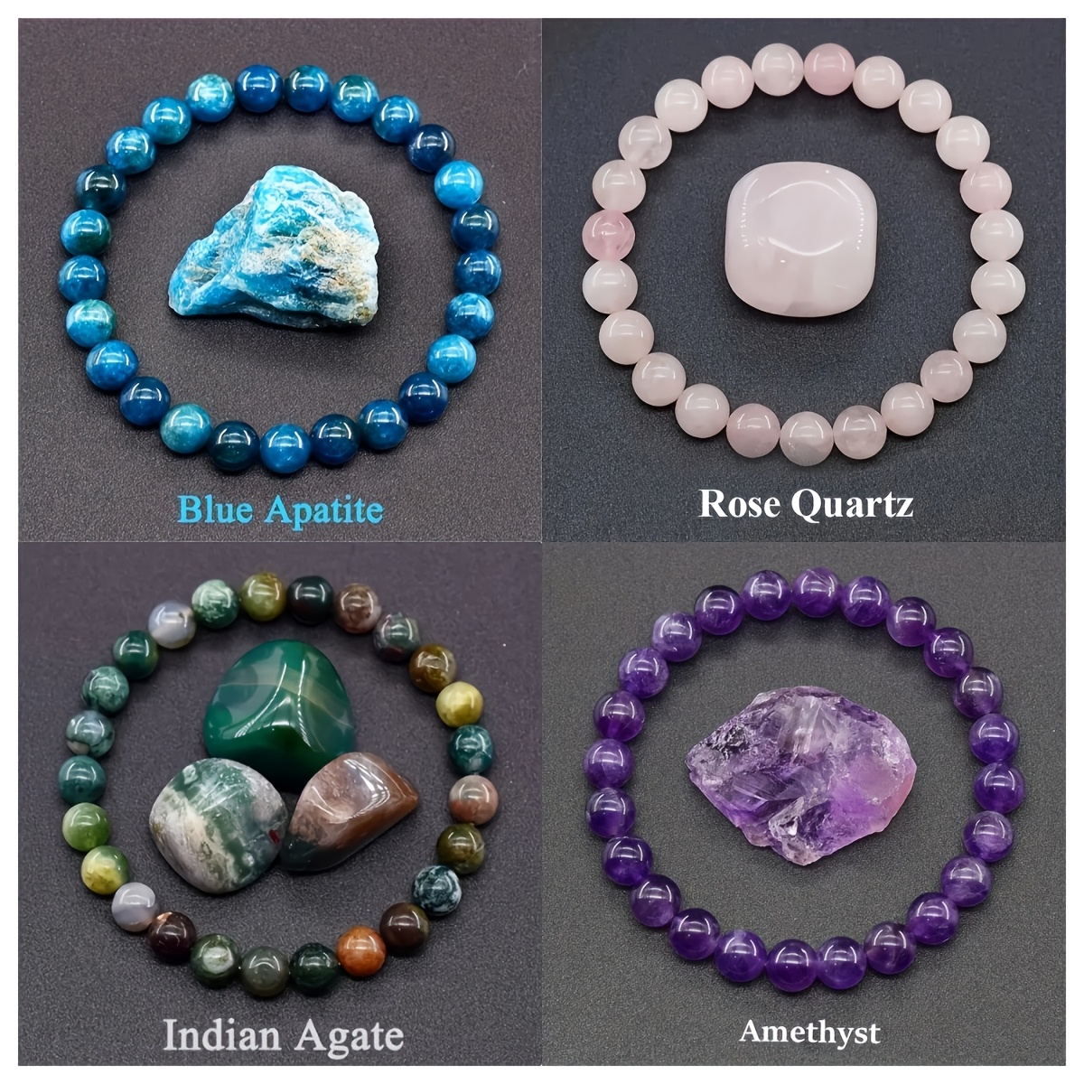 4pcs Natural Stone Bracelet Set - Elegant Bohemian Apatite, Amethyst, Rose Quartz, And Indian Agate Bracelet Collection