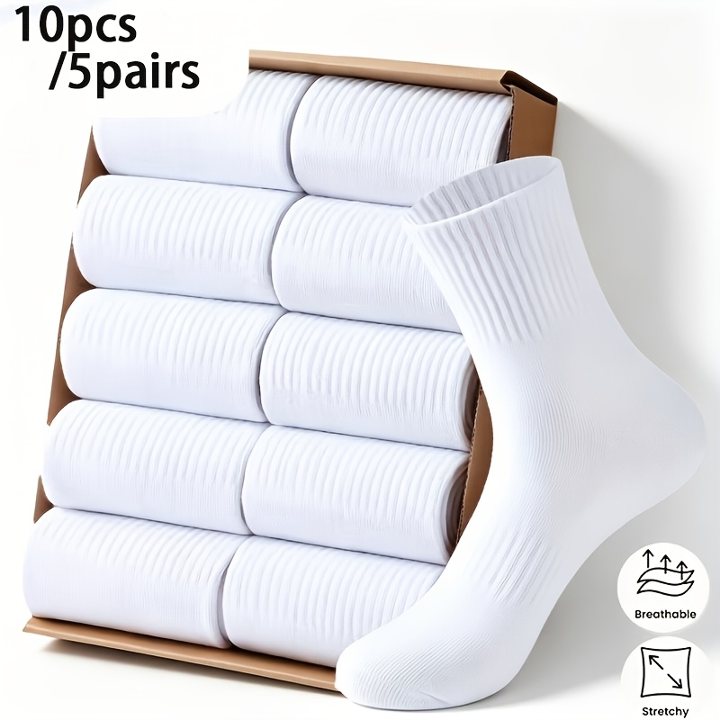 Image of 10pcs/5pairs Double Premium Men's Sports Socks Men's Mid-calf Socks Spring Summer Autumn Winter Comfortable Sports Black And White Simple Casual Men's Socks